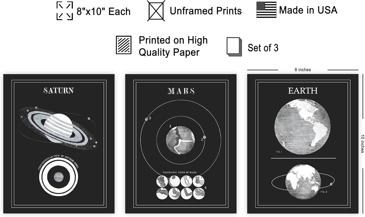 Poster Master 3-Piece Space Wall Art Set, 8x10 Unframed Art Print Posters, Lunar Home Decor, Astrological Room Decoration Poster, Black & White Lunar Design, Gift for Planetary Astrology Fans