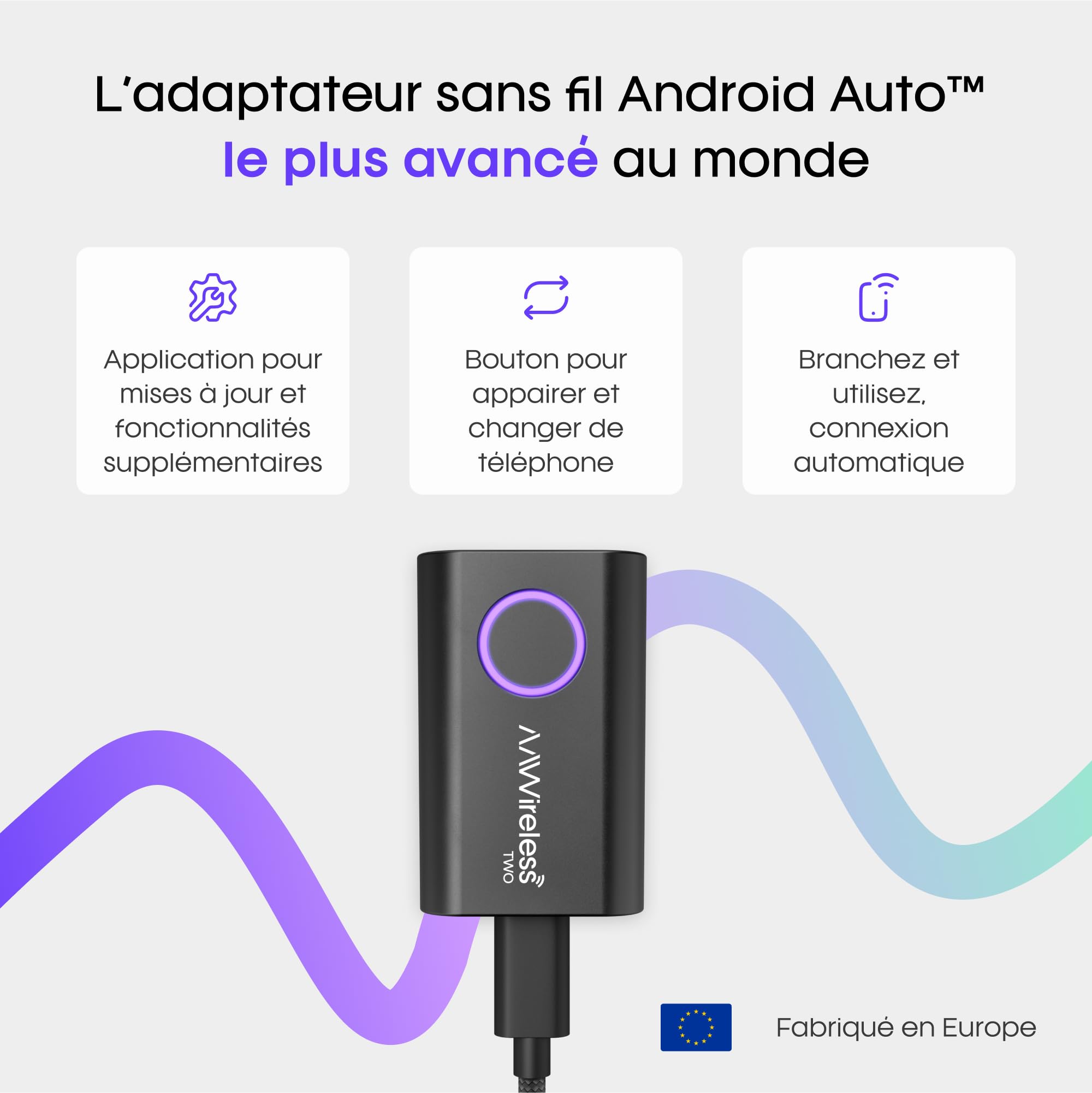 AAWireless Two – Adaptateur Android Auto sans Fil – Conversion Facile, Plug & Play, Bluetooth – Fabriqué en Europe - Fil Noir