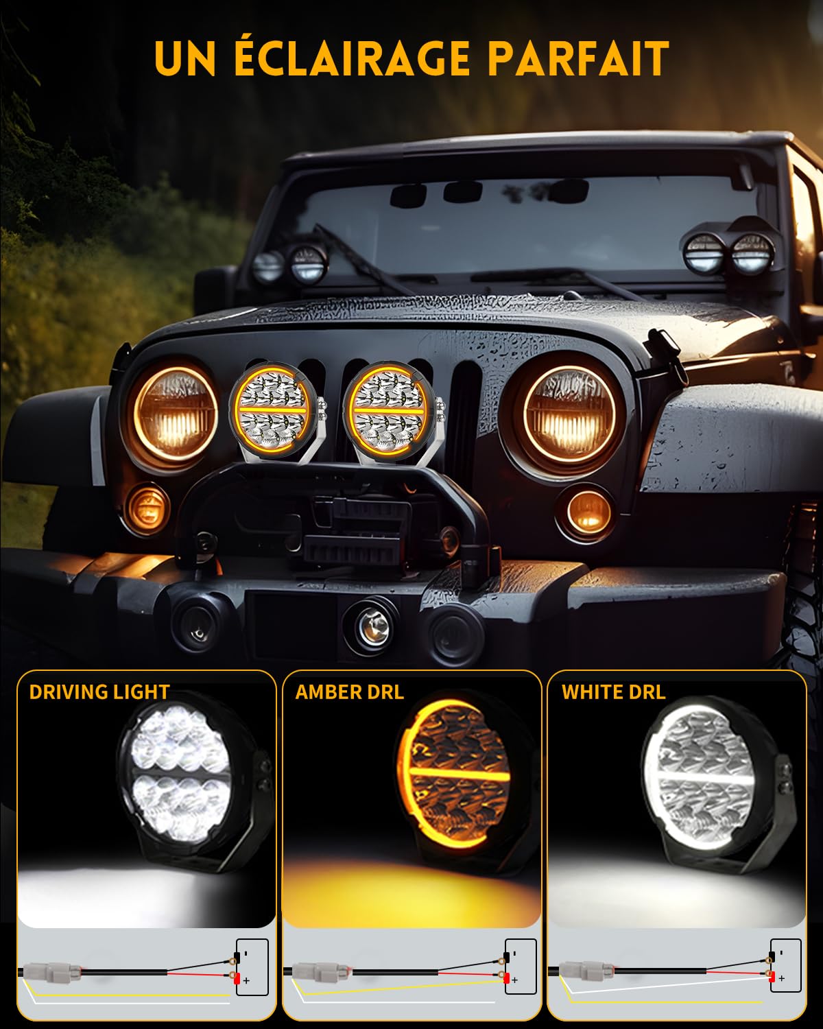 Braveway Phare De Travail Led 6,5 Pouces 2PCS 120W Avec Blanc Et Ambre DRL, Spot Reflective Hybrid 20000LM Longue Portée Led for 4x4 Trucks, Utvs, Atvs, Vans, Tractors, Wiring Harness Kit