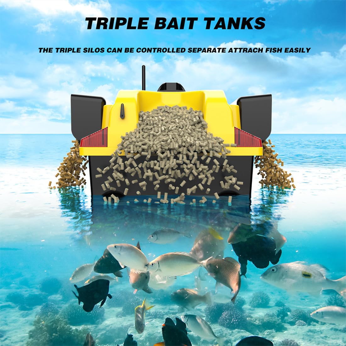 Barco de pesca con cebo a control remoto, lancha rápida inteligente V020 con 3 tolvas para cebo, control remoto de 500 m, 40 puntos de referencia GPS, retorno automático y luces LED de pesca brillan