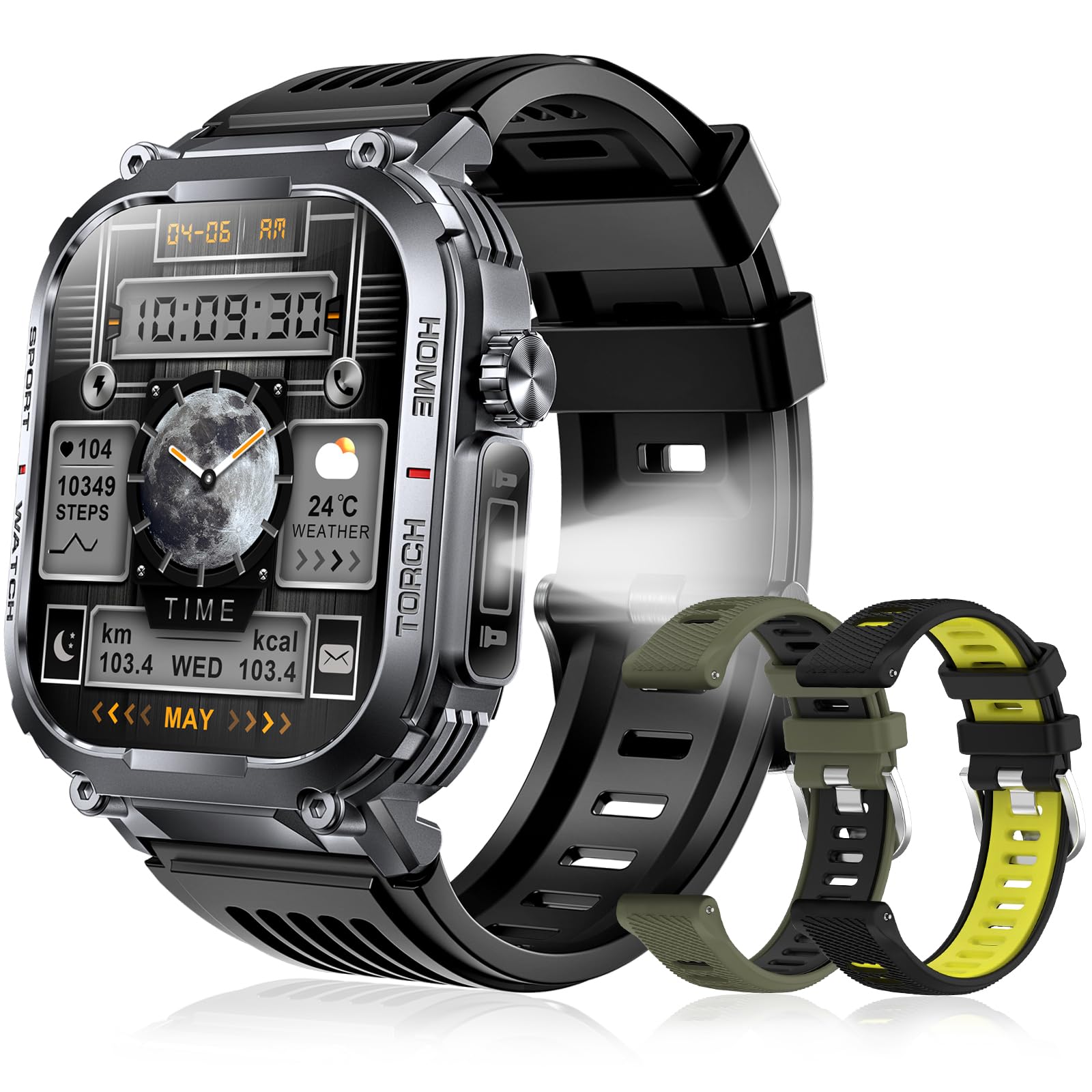 Montre Connectée Homme LED Lampe/Boussole, 2.02" Militaire Smartwatch Homme avec Appel Bluetooth, Asistente de Voz/100+ Modes Sportifs, IP68 Étanche/Podomètre Android iOS