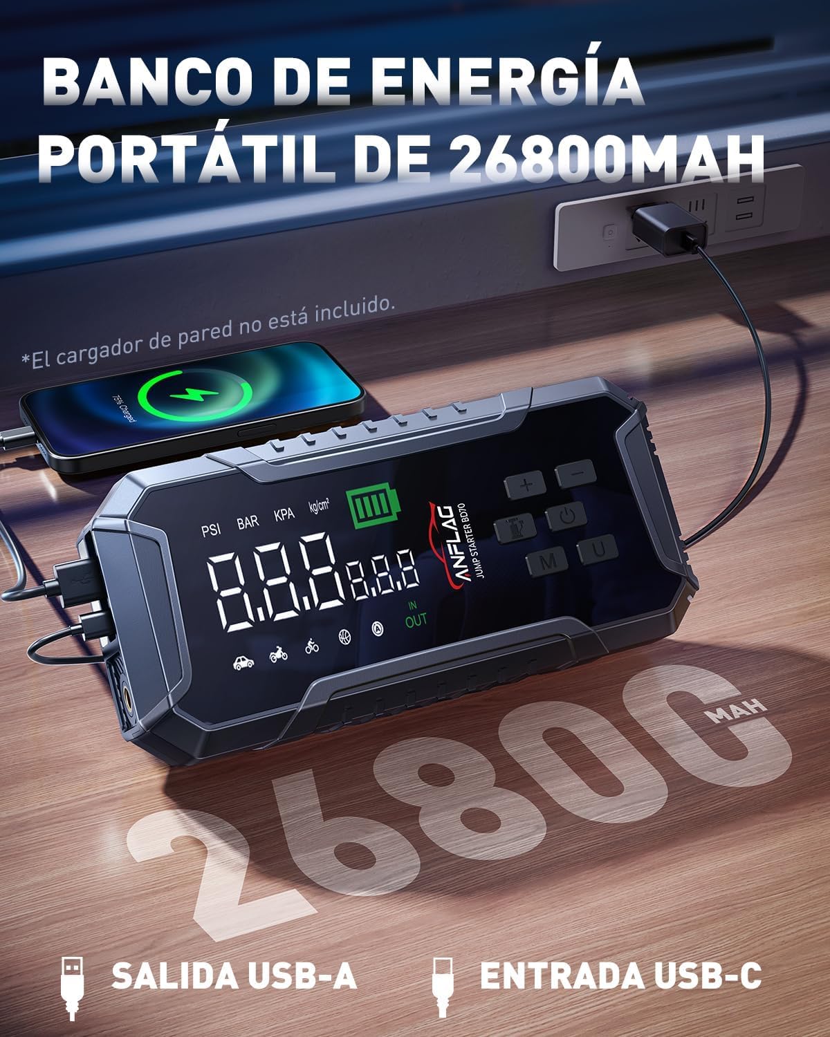 Arrancador de Baterias de Coche con Compresor de Air,ANFLAG 8000A 160PSI Arrancador(para All Gas/12L Diésel/Híbrido),26800mAh 12V Jump Starter con Clips de Seguridad Inteligentes/Martillo de seguridad