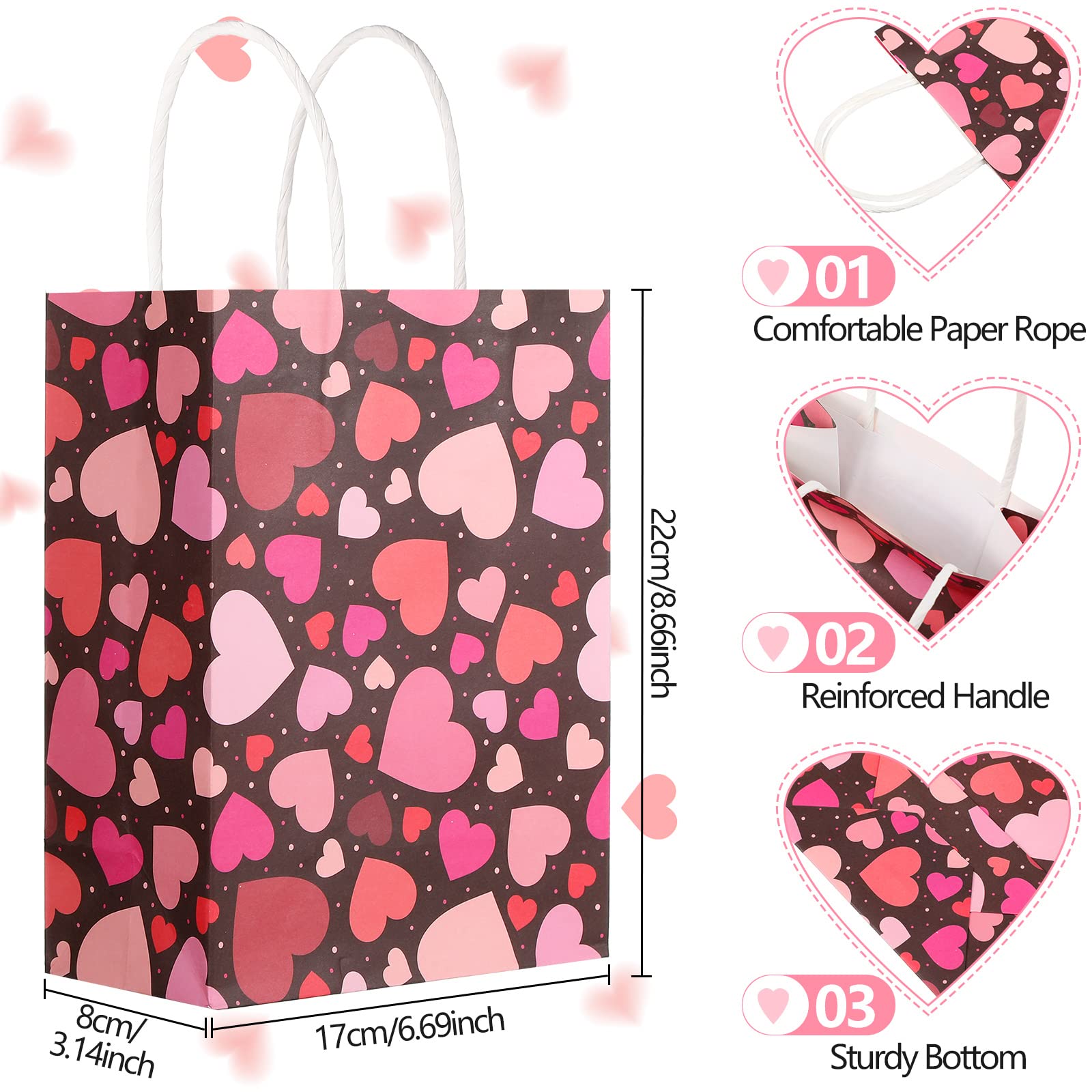 Yexiya 120 Stück Valentinstag Papiertüten mit Griffen Geschenktüten Bulk 21,6 x 16,3 x 8,9 cm Goodie Bags für Kinder Geburtstag Valentinstag Party Zubehör (Herz)