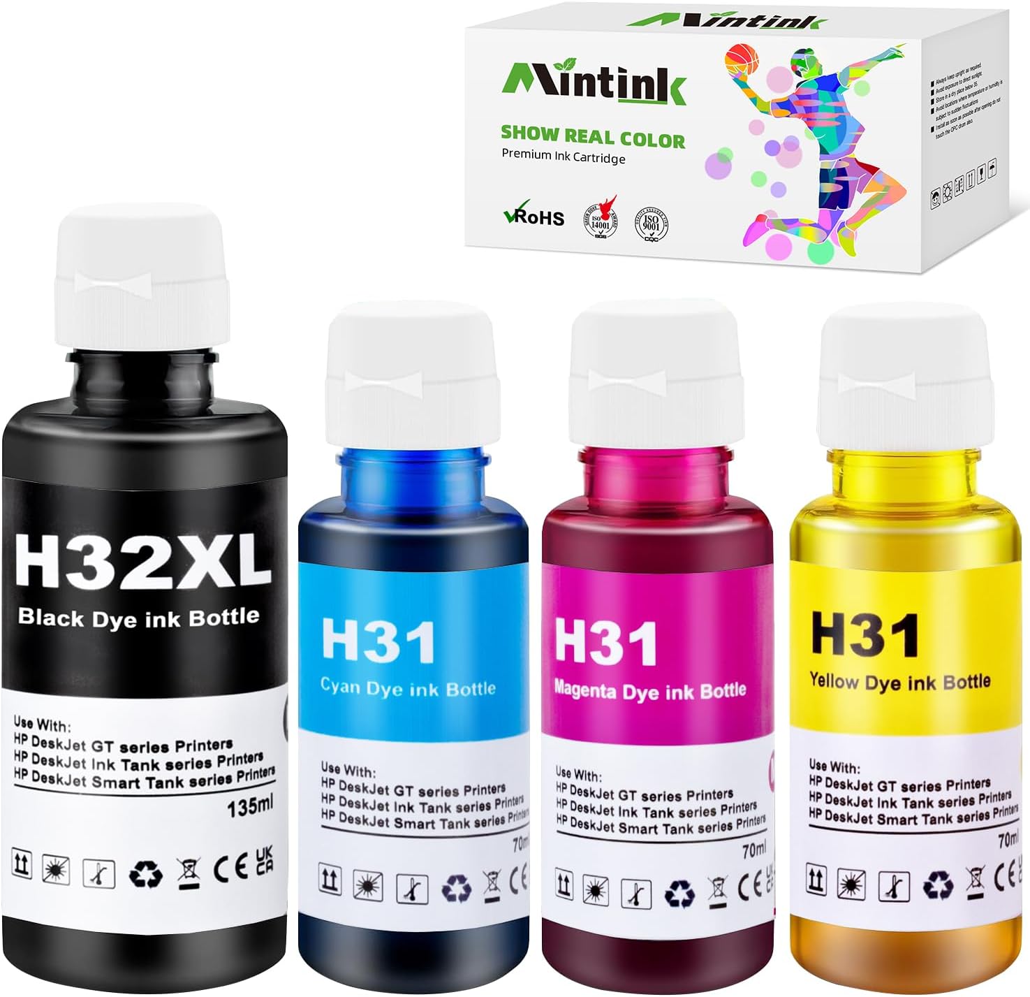 32XL Black Ink Bottle, 31 Ink Bottle Replacement for HP 31 32XL Refill Ink Bottles Set for Smart Tank 5000 6001 7602 5101 7001 Smart Tank Plus 551 651 455 Printer Refill Ink Bottles