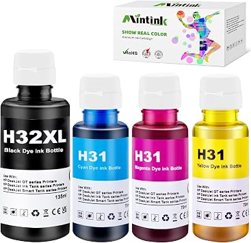 32XL Black Ink Bottle, 31 Ink Bottle Replacement for HP 31 32XL Refill Ink Bottles Set for Smart Tank 5000 6001 7602 5101 7001 Smart Tank Plus 551 651 455 Printer Refill Ink Bottles