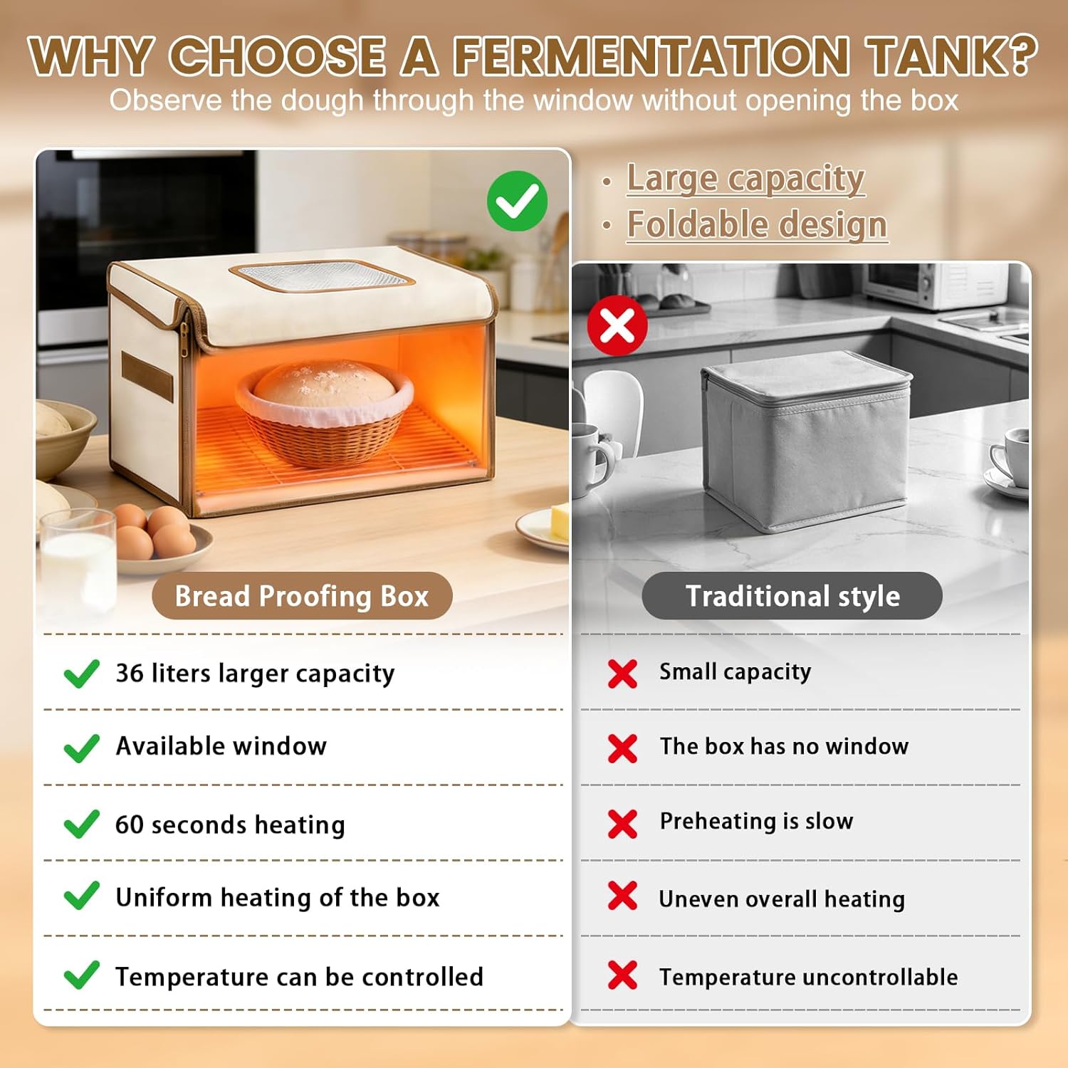 Bread Proofing Box - Folding Bread Proofing Box with Temp Control 50-122℉ with Metal Rack for Sourdough Pizza Making (Beige)