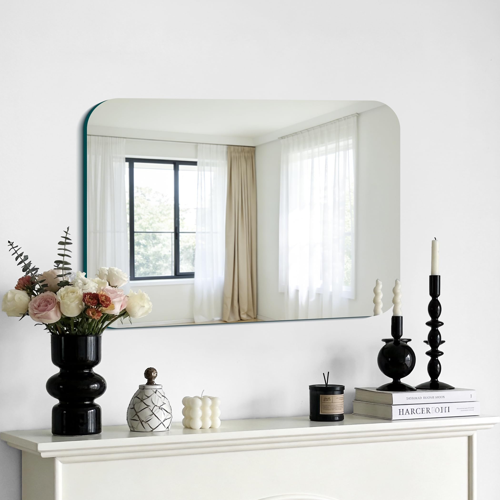 KOCUUY Espejo de baño Rectangular sin Marco, Espejo de Pared de 70 x 50 cm, Espejo con Cristal irrompible, reflexión HD, Esquinas Redondeadas, Adecuado para baños, dormitorios o vestidores.