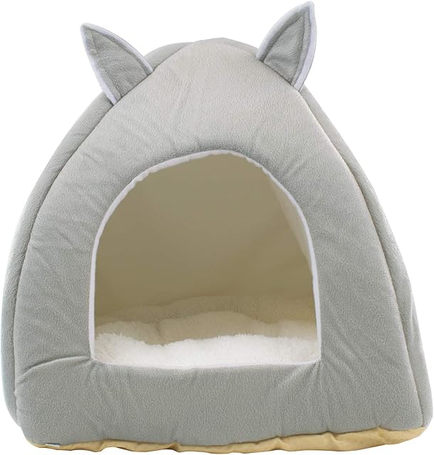 DIGIFLEX Grey Teddy Bear Style Pet Bed  Fleece Soft Self Warming Washable Cat Bed - Ideal for Cats and Kittens  Soft & Comfortable Cat Bed Hut - 36 x 36 x 40cm