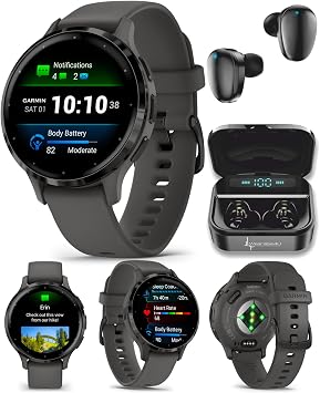 Garmin Venu 3S GPS Smartwatch AMOLED Display 41mm Watch, Advanced Health and Fitness Features, Up to 10 Days of Battery, Sleep Coach, Pebble Gray with Black Earbuds Bundle