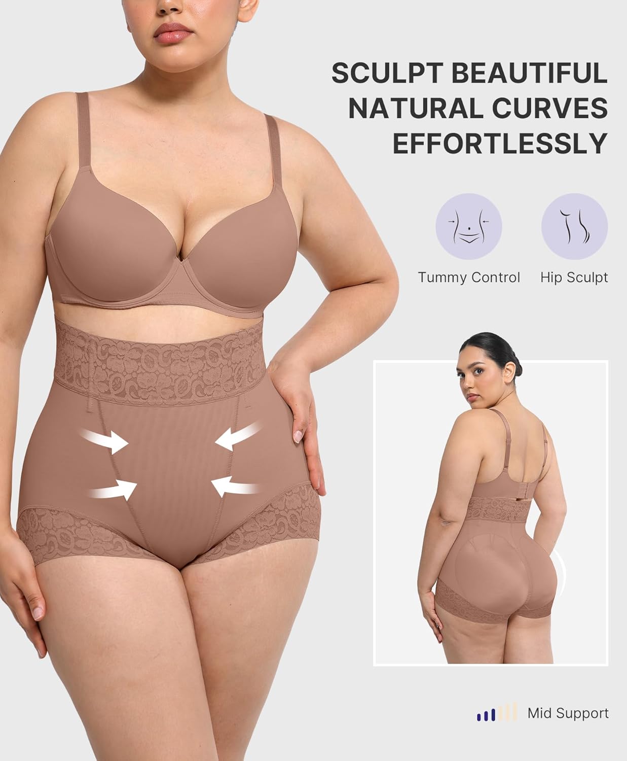 SHAPELLX Shapewear for Women Tummy Control Short Faja Body Shaper Compression Panties Mid Waisted Briefs Lace Underwear