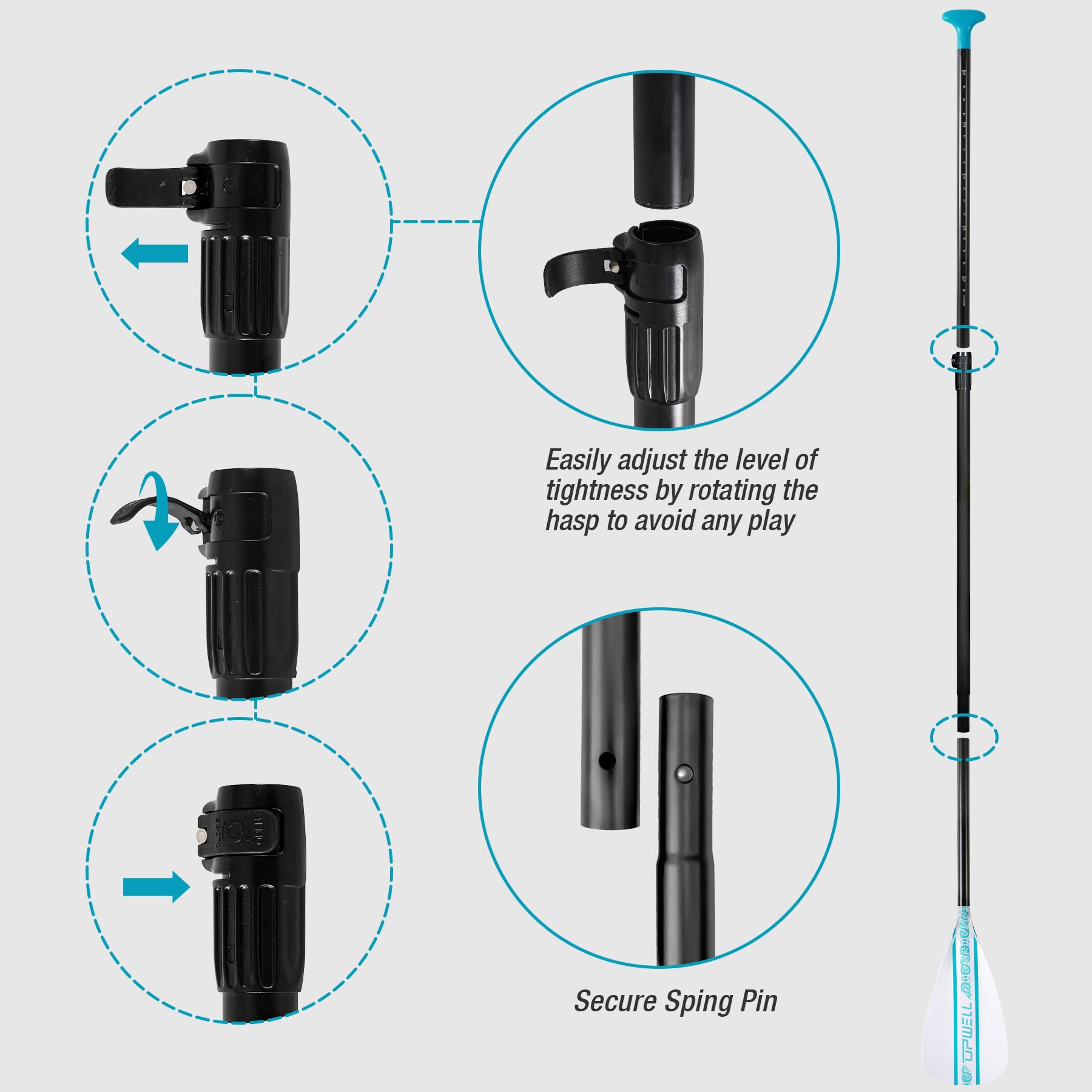 UPWELL SUP-Paddel, verstellbares Stand-Up-Paddel für Paddleboard, Schaft aus Aluminiumlegierung mit verstärkter Fiberglas-Klinge