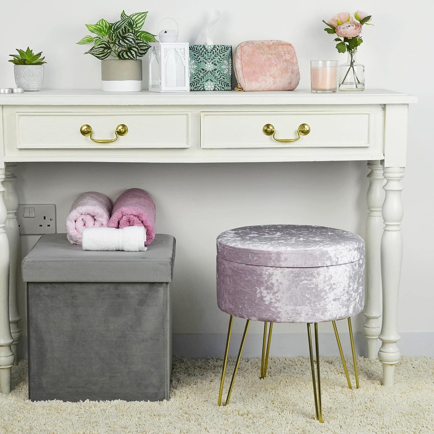 Hodge and Hodge Light Grey Folding Storage Ottoman 38cm Cube with Plush Velvet Fabric Cover Padded Lid Ideal Extra Seat Foot Stool Toy Box Magazine Tidy Home Towel Bedroom Linen Hamper 40L Capacity