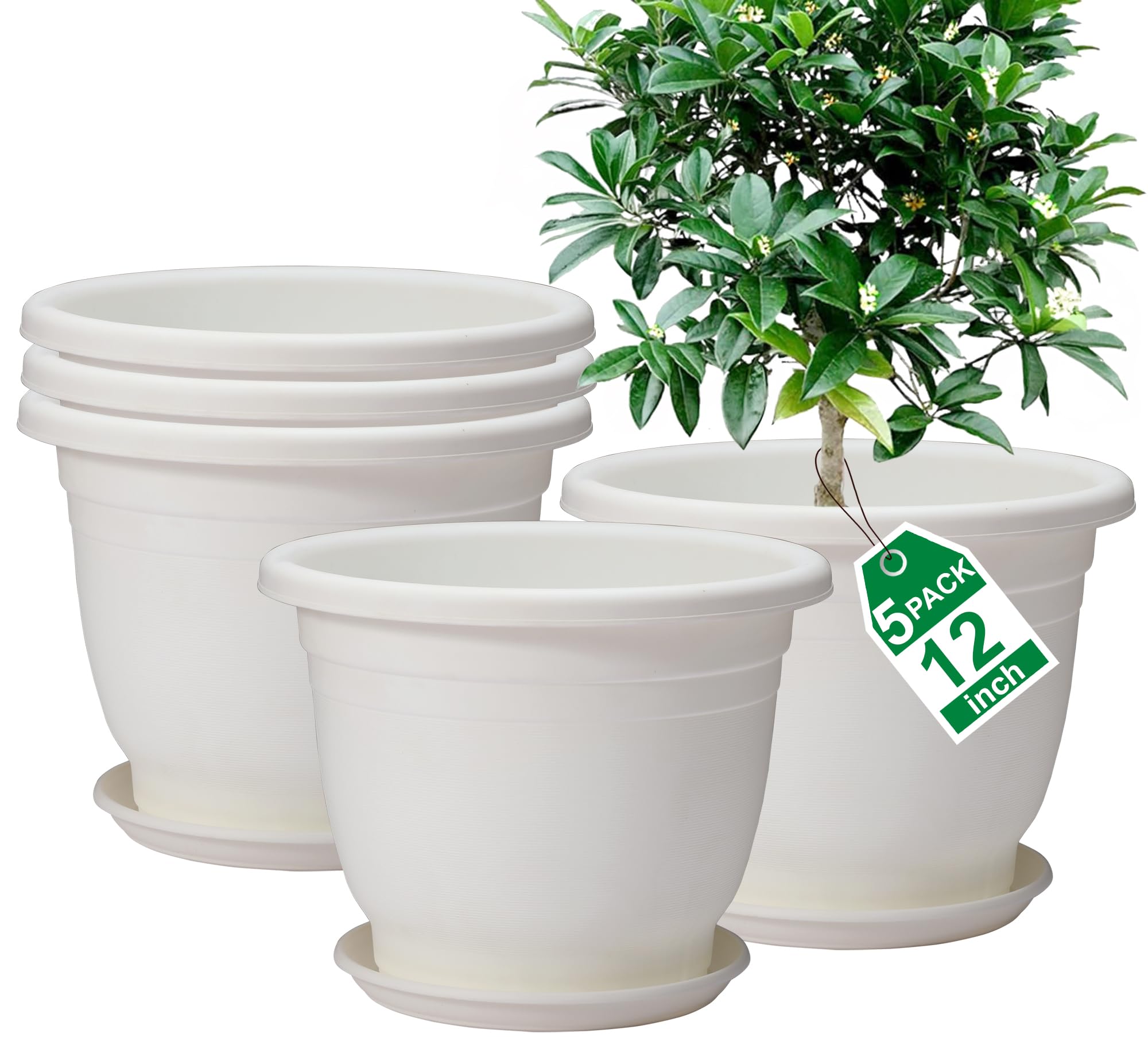 Shineloha 5 Packs 12 inch Flower Pots + Saucer, Planters for Indoor & Outdoor Plants with Drainage Holes | Plastic Flower Pots, Large Planter (White,