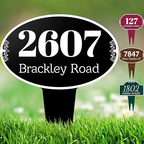 Letrero personalizado de dirección de casa para patio, placa de dirección personalizada de metal para jardín al aire libre, estilo ovalado, negro