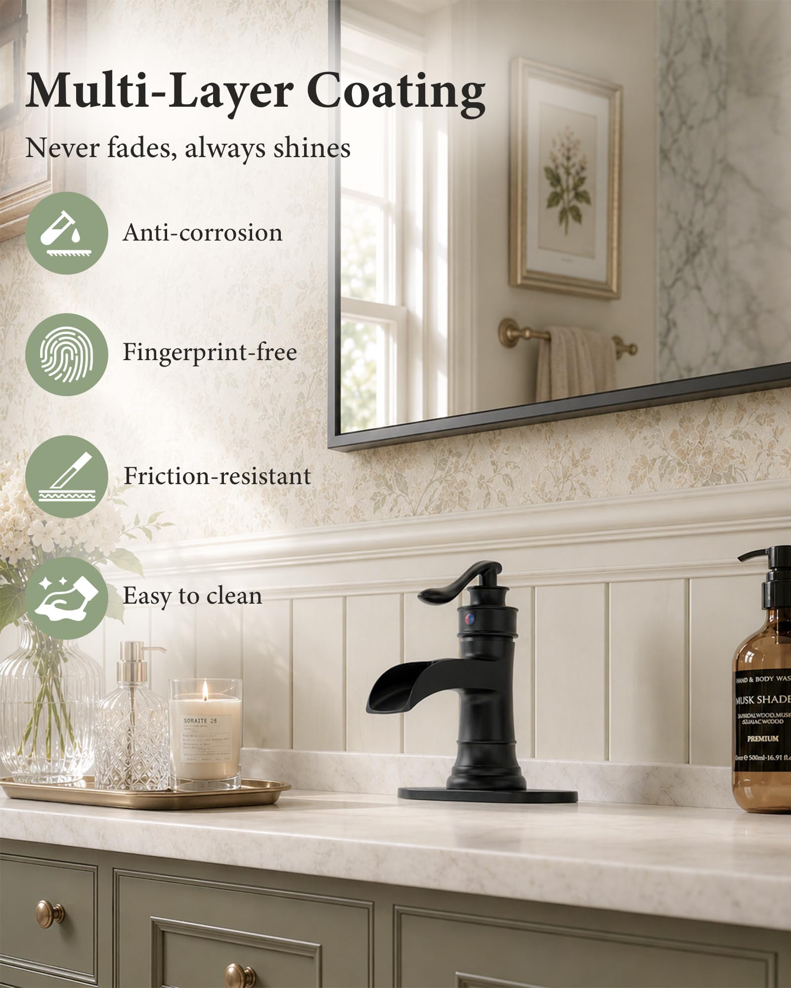 Rubinetto da bagno nero opaco a cascata Lavabo da fattoria Vanity Rubinetti a foro singolo Bacino con una maniglia Centro antico con tappo di scarico pop-up Miscelatore Rubinetto trabocco Linea di