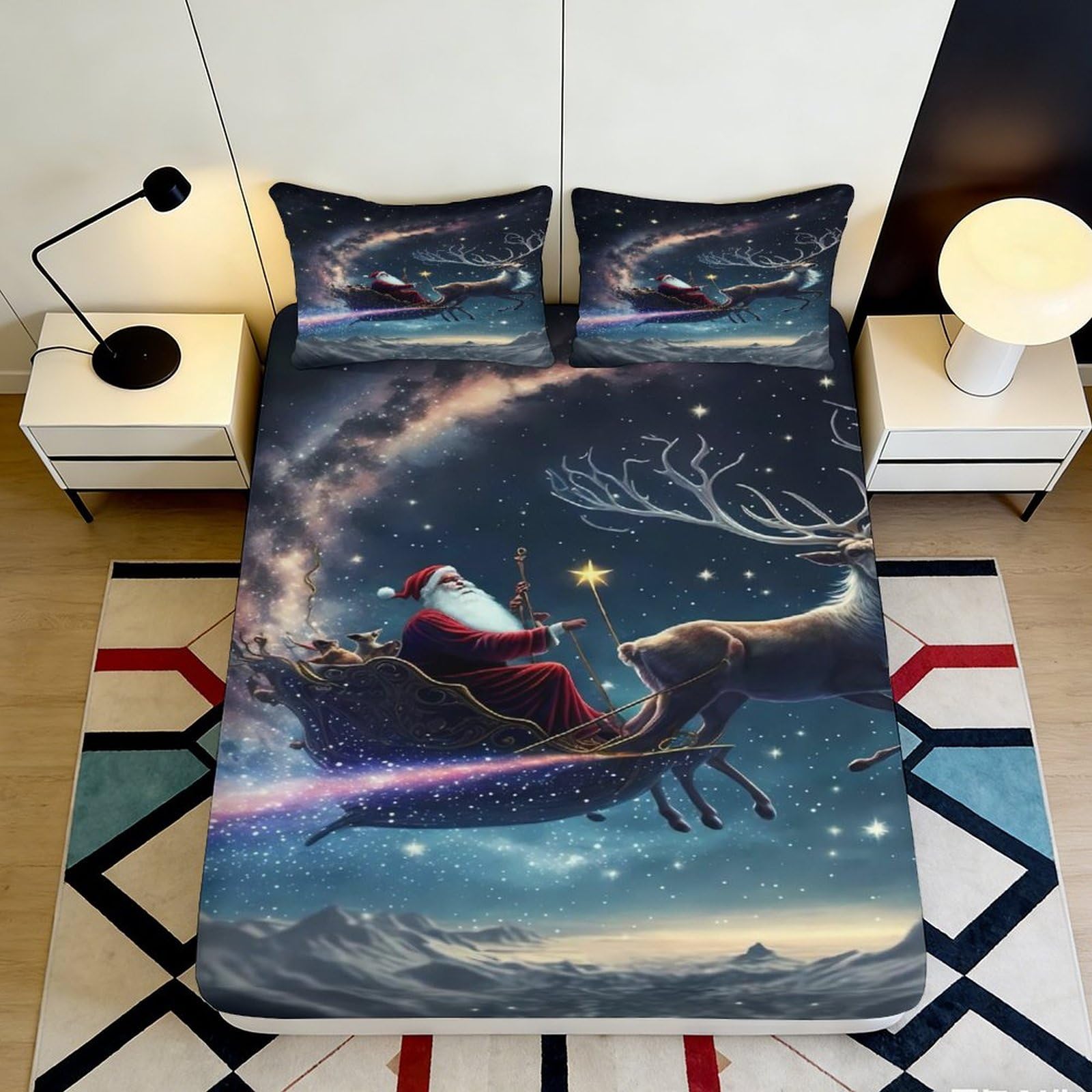 Pnayamiorkfel Style-1 3D Printed Santa Sleigh Night Sky Fitted Sheet Microfiber Soft Breathable Christmas Reindeer Mattress Cover For Bedroom Dorm Decor 90X200x25cm