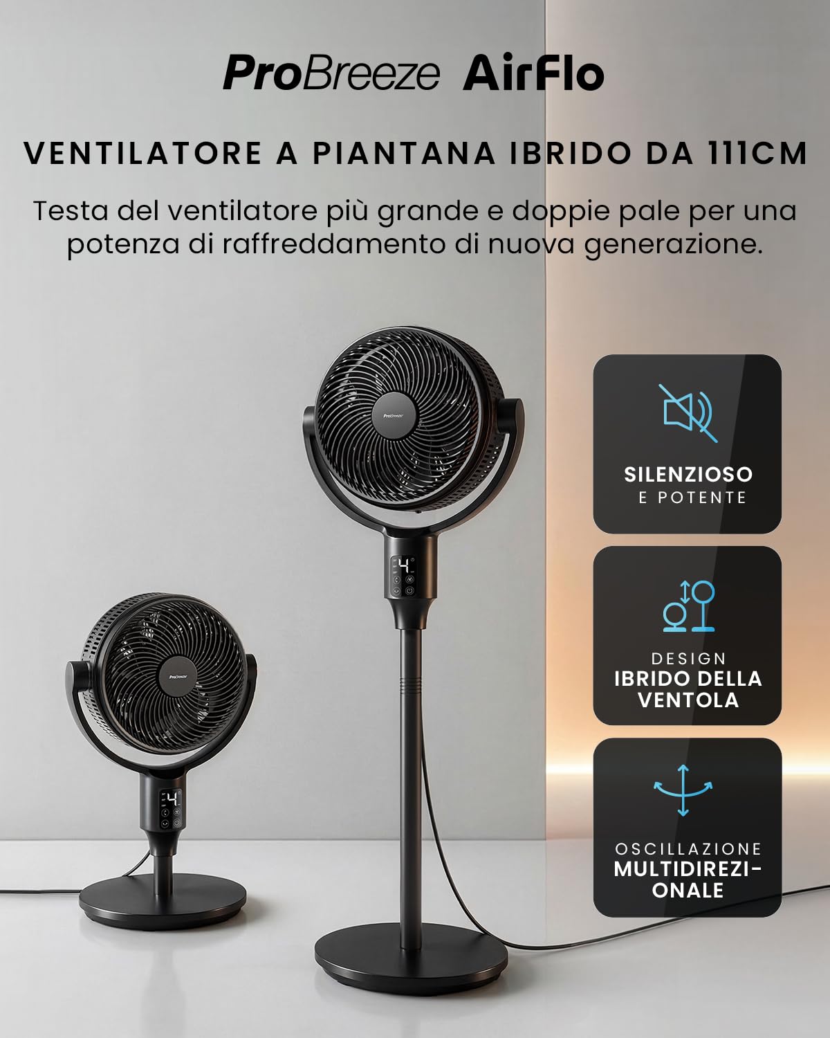 Pro Breeze AirFlo Ventilatore Ultra Silenzioso WiFi 9 Velocità, Da Ventilatore a Piantana(111 cm) a Ventilatore da Tavolo(60 cm), Oscillazione Vortex 95°/135°, Basso Consumo, Casa e Ufficio, Nero