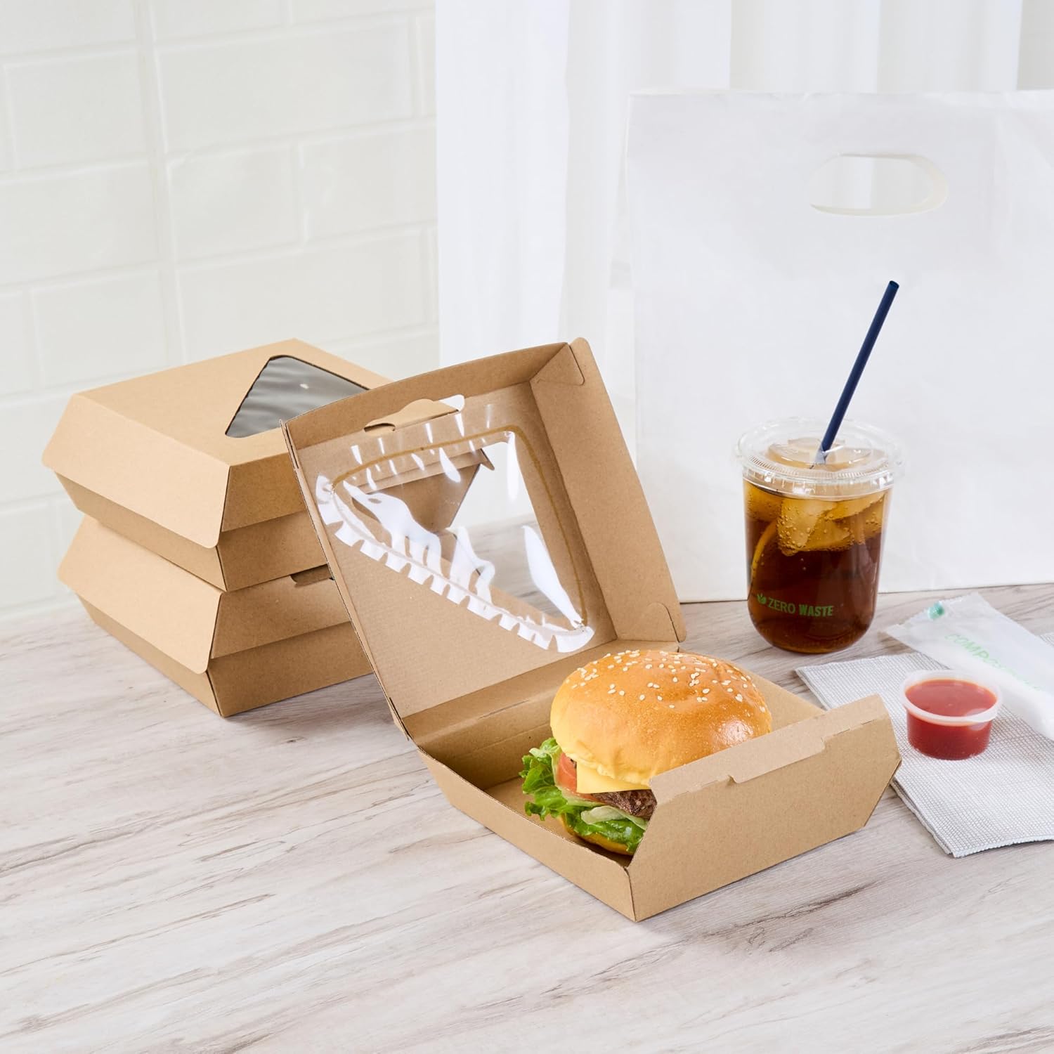 Restaurantware Clamshell Food Container 100 Count 5.41 x 5.5 x 2.63 Inches Paper Corrugated Take-Out Box Disposable Kraft Greaseproof Food Box For Burgers And Sandwiches