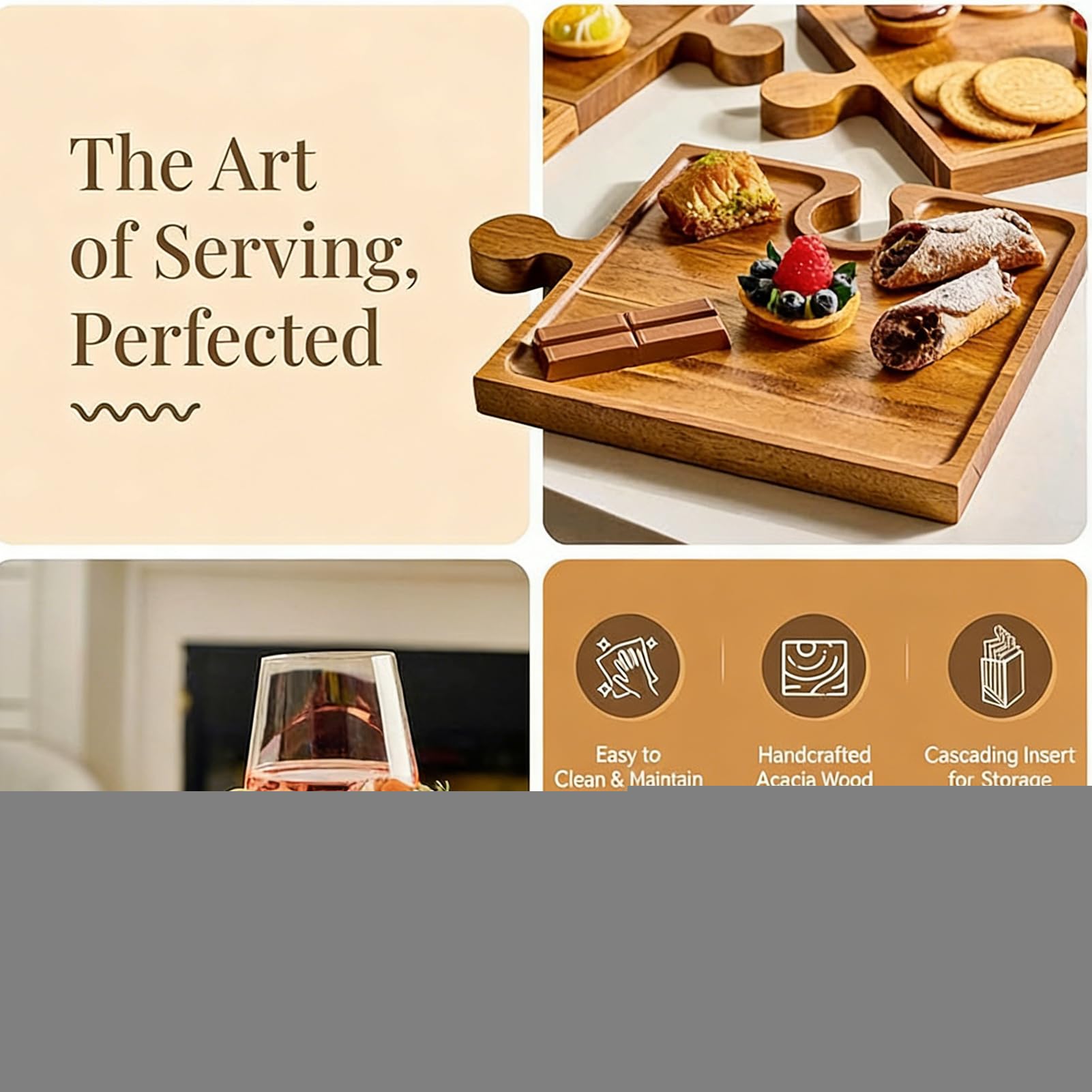 Tabla de Servir Charcutería Bandeja De Madera Para La Cocina | Set De Puzzle Para Tabla De Embutidos para Frutas Frutos Secos Queso Carne Pan Reuniones Familiares Navideñas