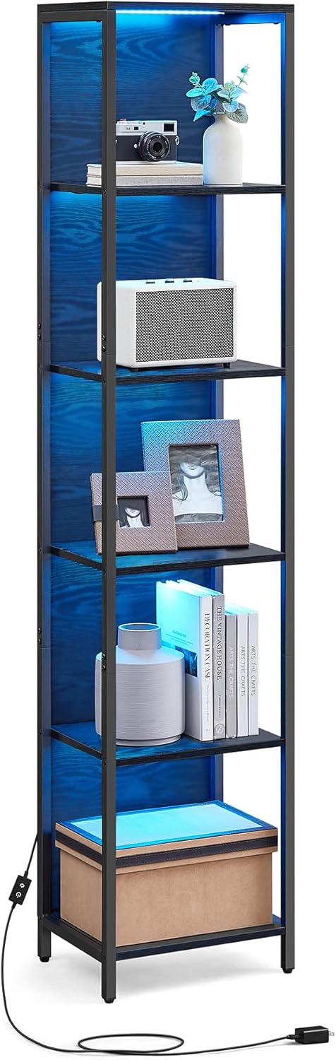 VASAGLE 6-Tier LED Bookshelf, Display Shelf with Dimmable Lights, LED Bookcase with Steel Frame, 11.9 x 15.7 x 70.3 Inches, for Living Room, Bedroom, Office, Black with Wood Grain ULLS121B56