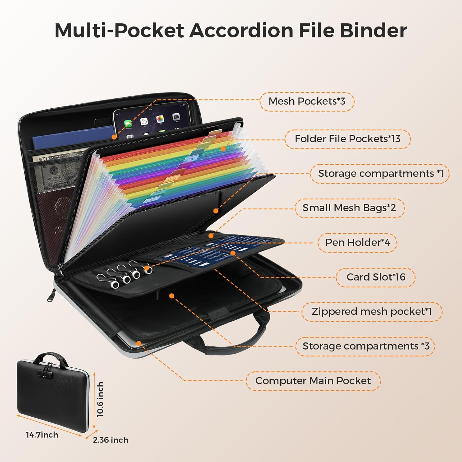 Fireproof Document Box,Hard Case Fireproof File Organizer with Lock 13 Pocket Accordion File Folder Reflective Zipper Portable Safe Box for Home Office Travel to Storage Important Documents Laptop