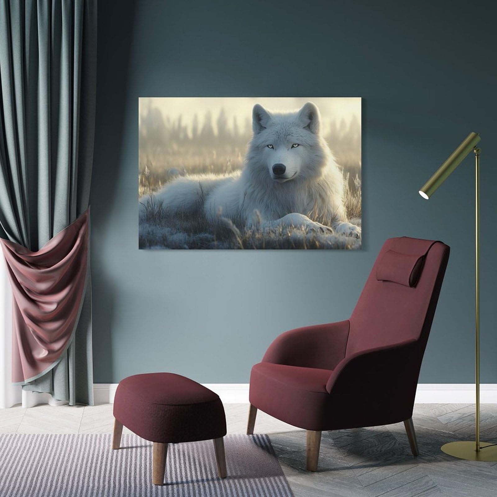 Junmoney Frame-Style-6 Canvas Art Print White Wolf Resting In Field, 24X36inch(60X90cm), For Home Office, Desk Area Or Studio, Wall Art That Adds Style To Work Areas
