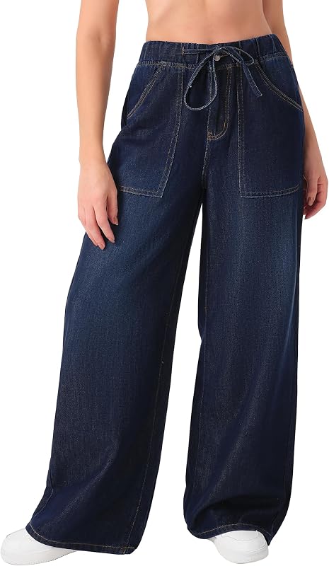 roswear Jeans for Women Non-Stretch Wide Leg Breeze Palazzo Pants with Large Pockets