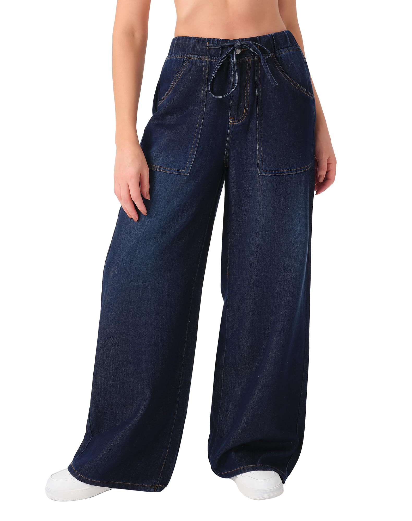 roswear Jeans for Women Non-Stretch Wide Leg Breeze Palazzo Pants with Large Pockets