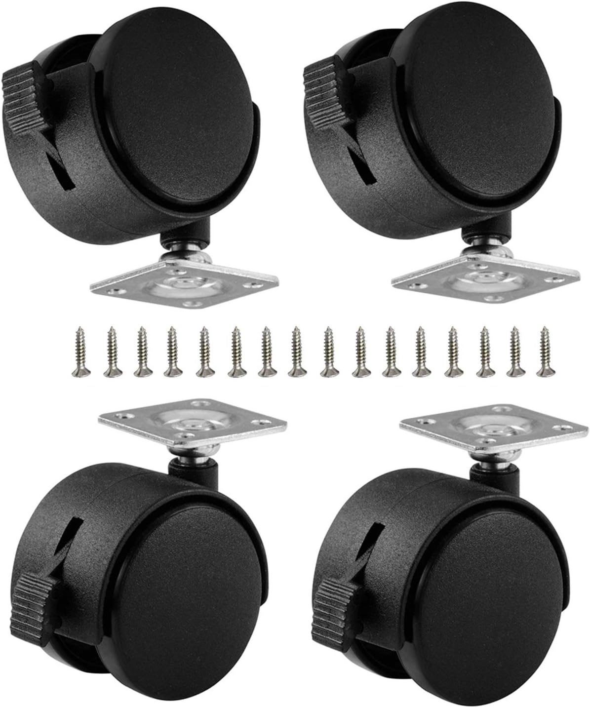 Black Plastic 2 inch Plate Casters with Brakes 360 Degree Rotation Wheels Set of 4 with 16 Screw