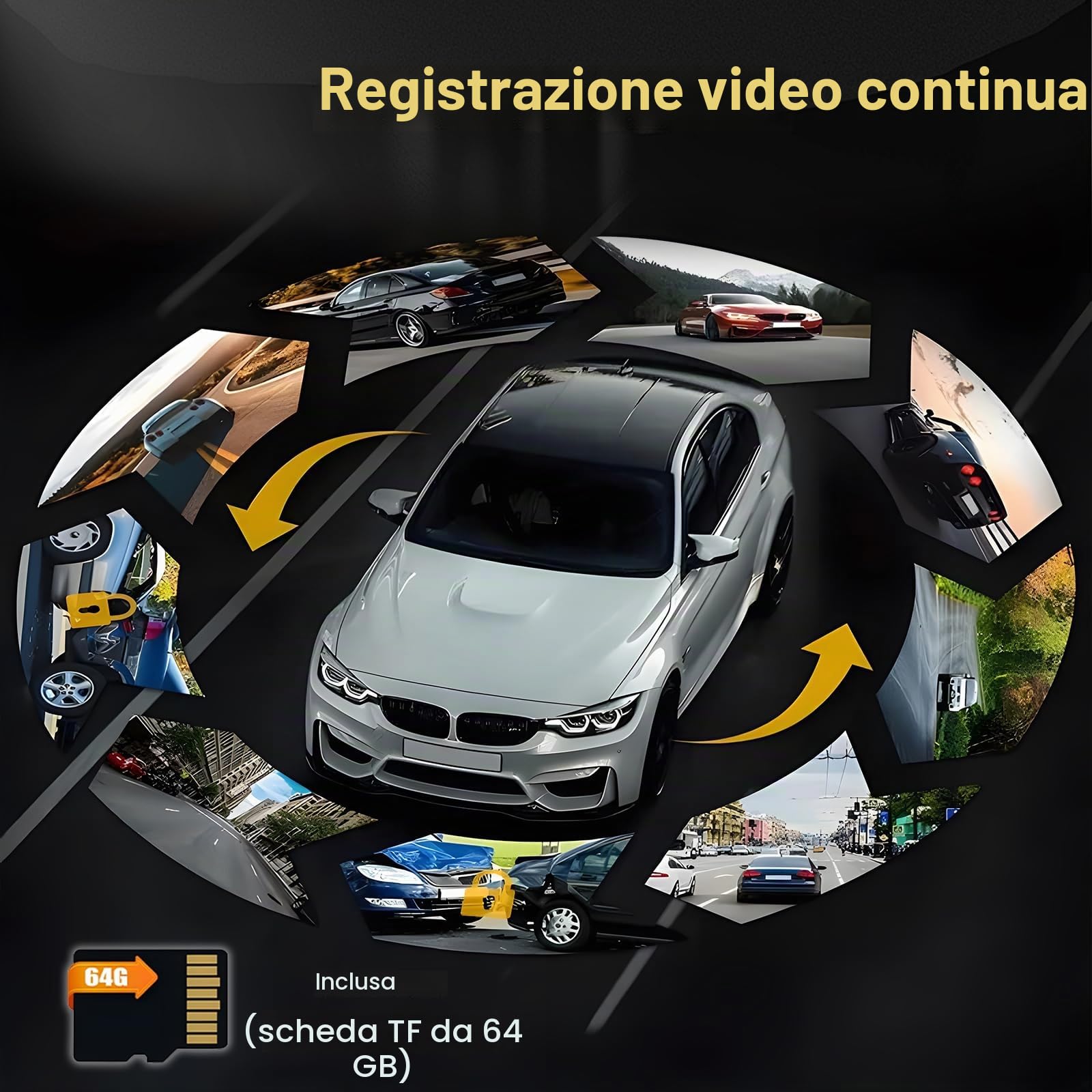 Inefala Full HD 1080P Dash Cam con Quattro Videocamera per Auto 4 Canali 360°, 3'' Schermo con 64GB di Memoria e 8 IR Visione Notturna, Registratore di Viaggio con G-Sensor e Monitoraggio Parcheggio