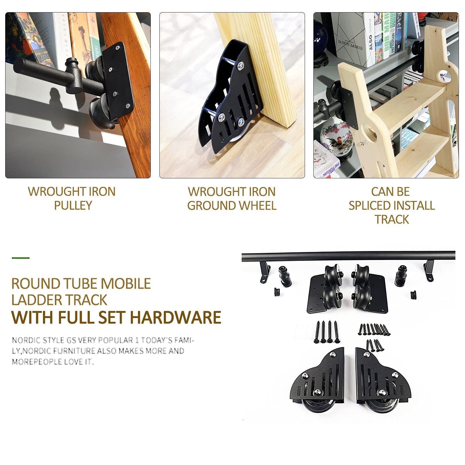 Schiebeleiter Hardware Kit, Einziehbare Rollleiter Hardware Bibliothek, Robuste Bodenrolle aus Stahl, Mobile Leiter-Gleitschiene aus Kohlenstoffstahl