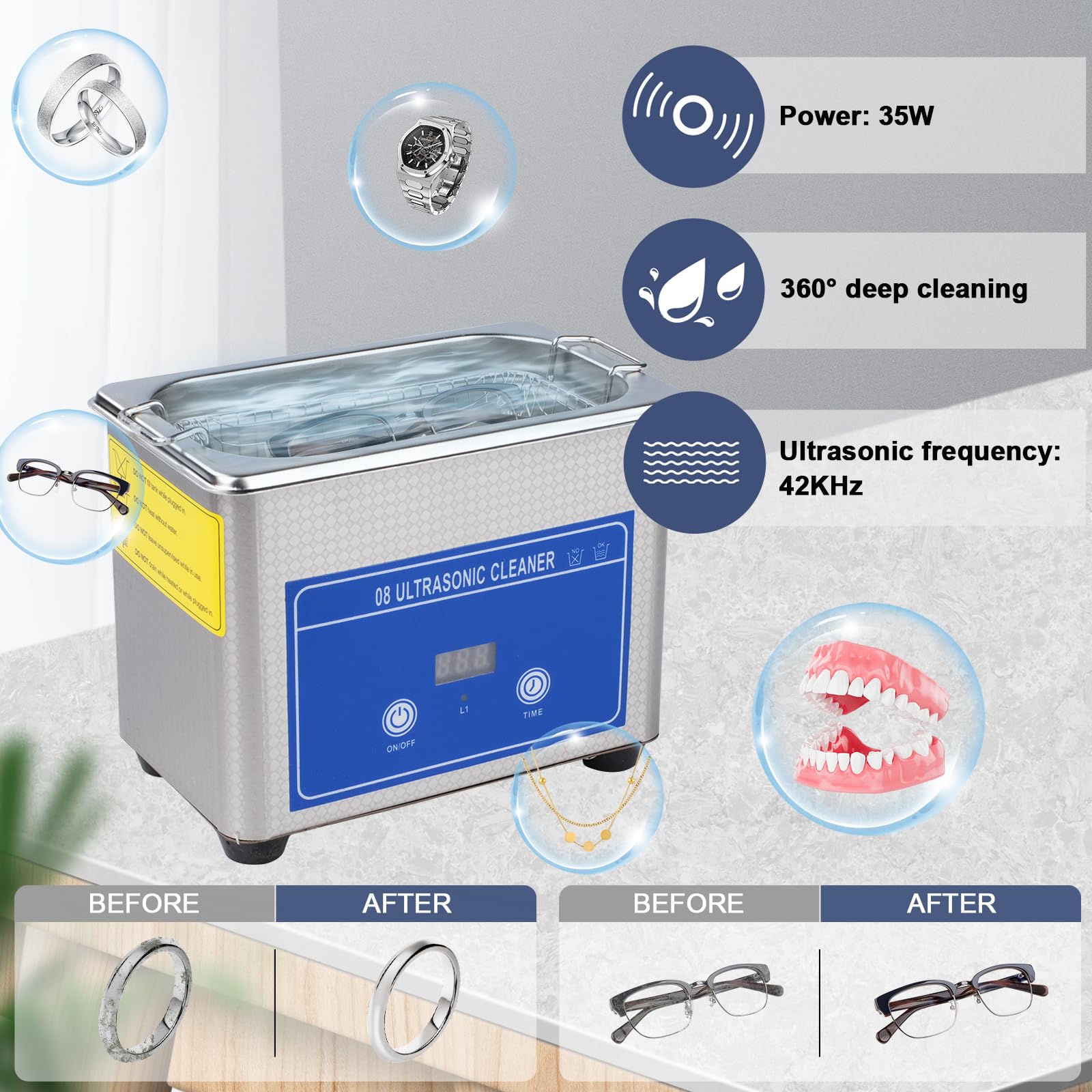 Ultraschallreinigungsgerät, Ultraschall Schmuck Reiniger, 42KHz 35W Ultraschallreiniger mit Timer 800ML Edelstahl Reinigungsmaschine für Zahnprothesen Schmuck Brillen Uhren Gläser(EU Stecker)