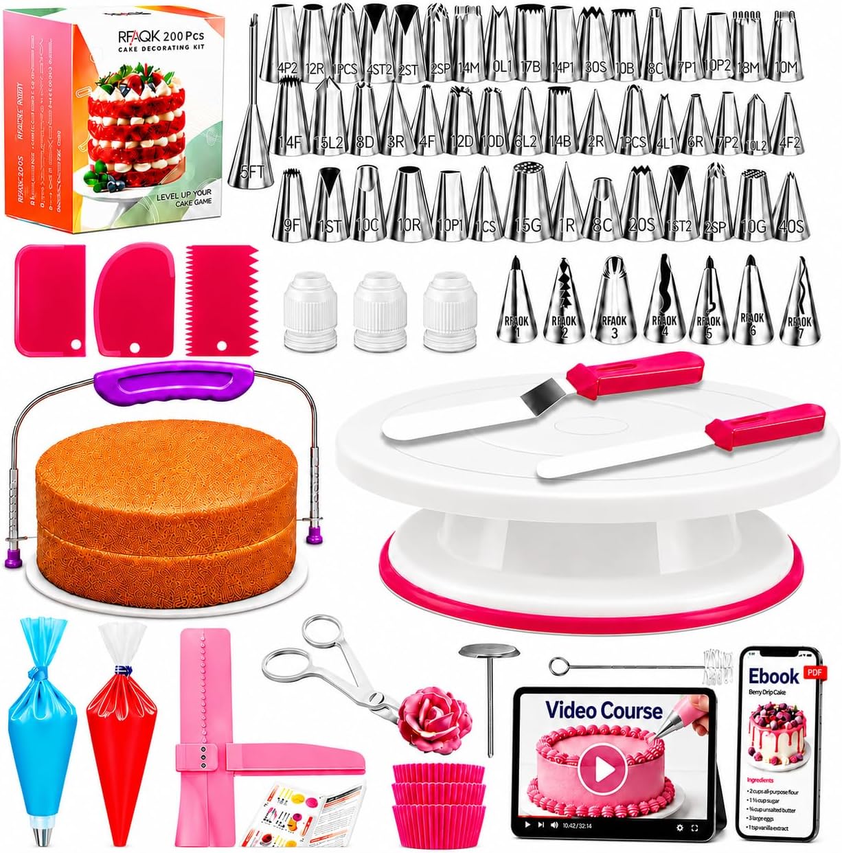 RFAQK 200PCs Cake Decorating Kit with Cake Turntable & Leveler, Baking Supplies Gift Includes 110+1 Piping Bags,55 Icing Tips,2 Frosting Spatulas, Adjustable Scraper, Complete Video Course & much more