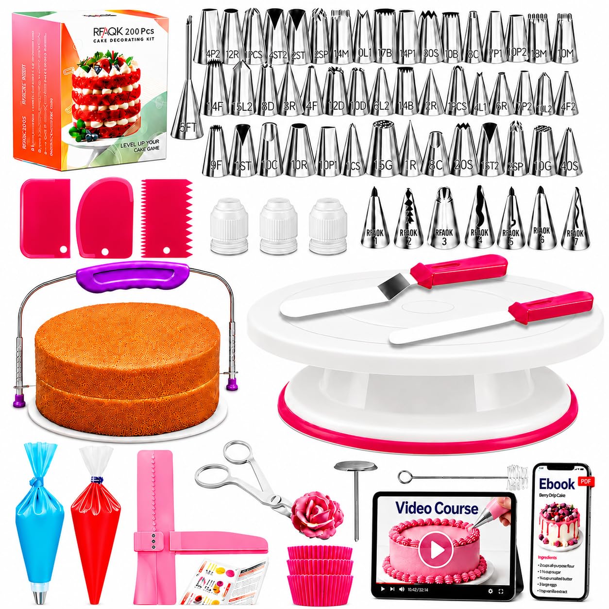 RFAQK Kit de décoration de gâteaux – 200 pièces avec plateau tournant – niveleur à gâteau – 55 douilles numérotées et douilles avec tableau de motifs et e-book – 110 poches à glaçage – Spatule droite