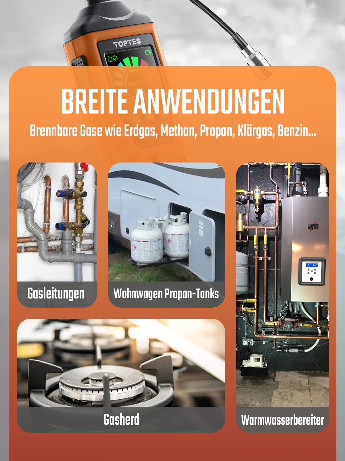 Gasmelder, TopTes PT520A Erdgasdetektor für Zuhause und Wohnmobil mit 43,5 cm Sonde zur Ortung von Gaslecks wie Propan, LPG (3X AAA-Batterien inklusive, deutsche Bedienungsanleitung) - Orange