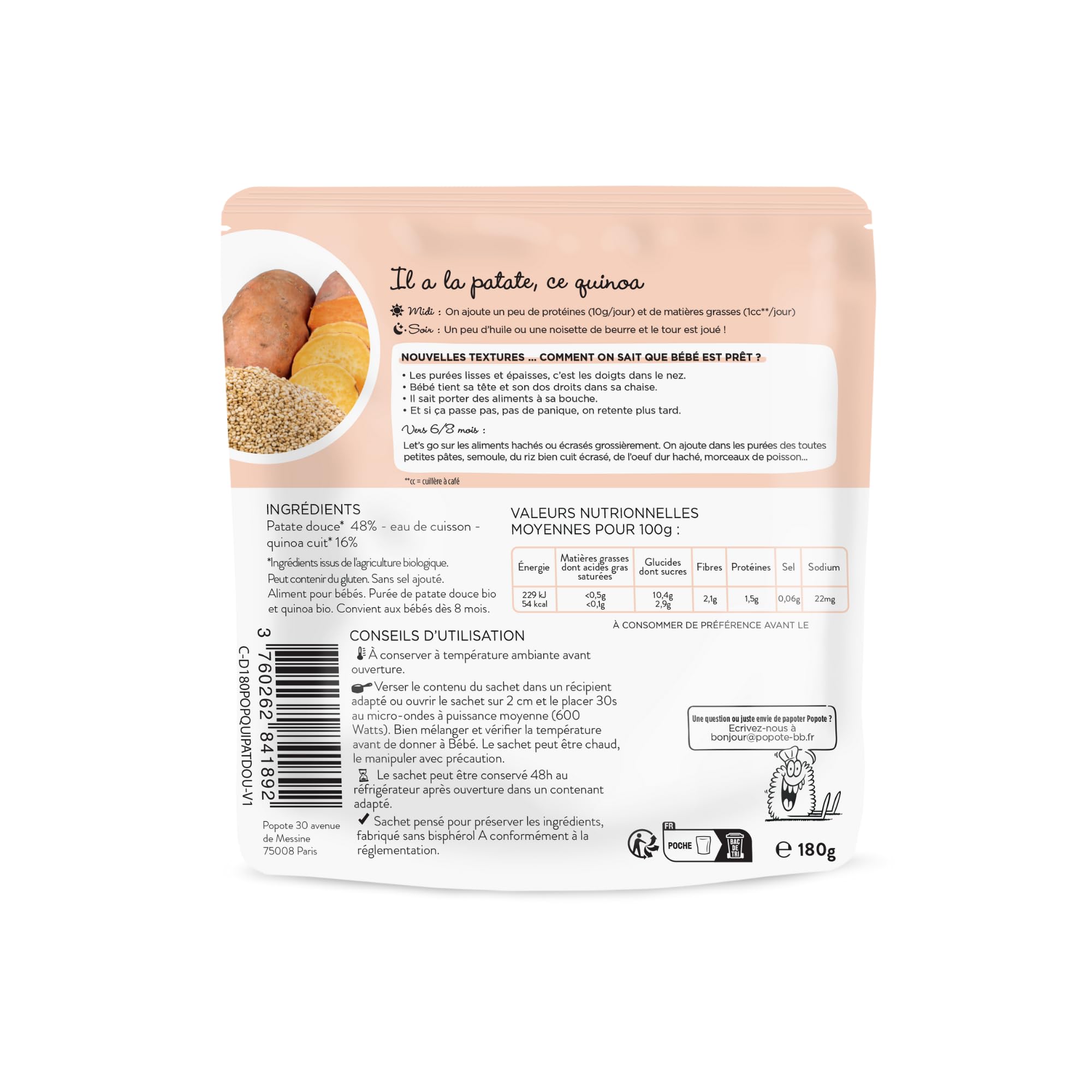 POPOTE - Mouliné Patate Douce Quinoa Bio - Repas Bébé Dès 8 Mois - Sachet Individuel 180g - Recette Simple et Saine - Format Pratique à Emporter - Pack Familial Économique 10 x 180g
