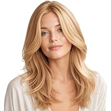 Blonde Wigs With Bangs For Women,Shoulder Length Straight Layered Blonde Wigs For Women,20 inch Long Straight Hair For Daily And Party Wear