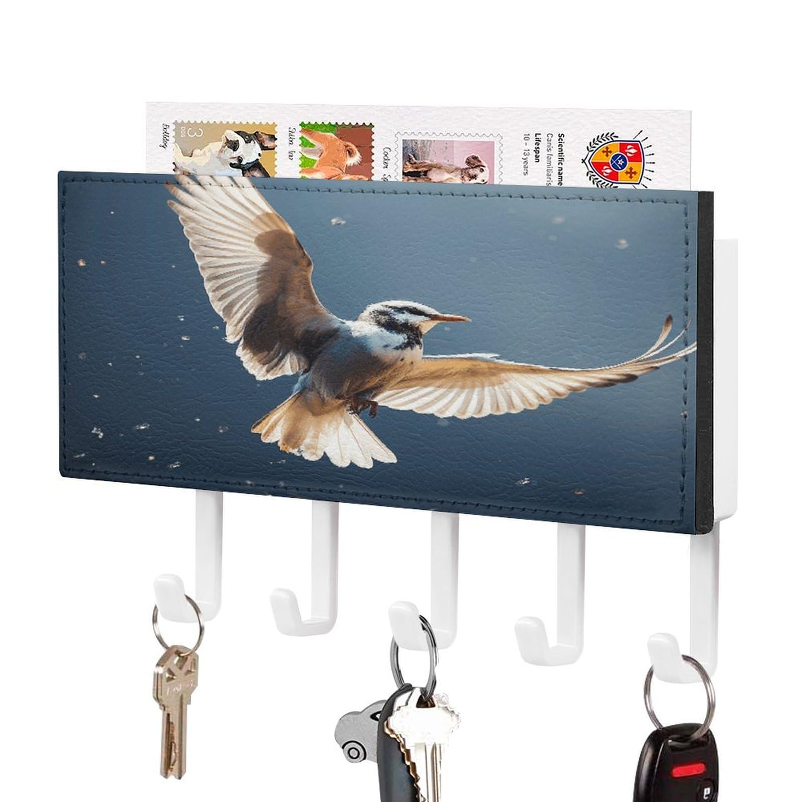 JTREHY Bird Migration Key Holder Wall Mount Decorative Key and Mail Holder PU Leather Adhesive Key Organizer Hanging Key Hooks Wall Shelf with 5 Hooks for Entryway Hallway Office