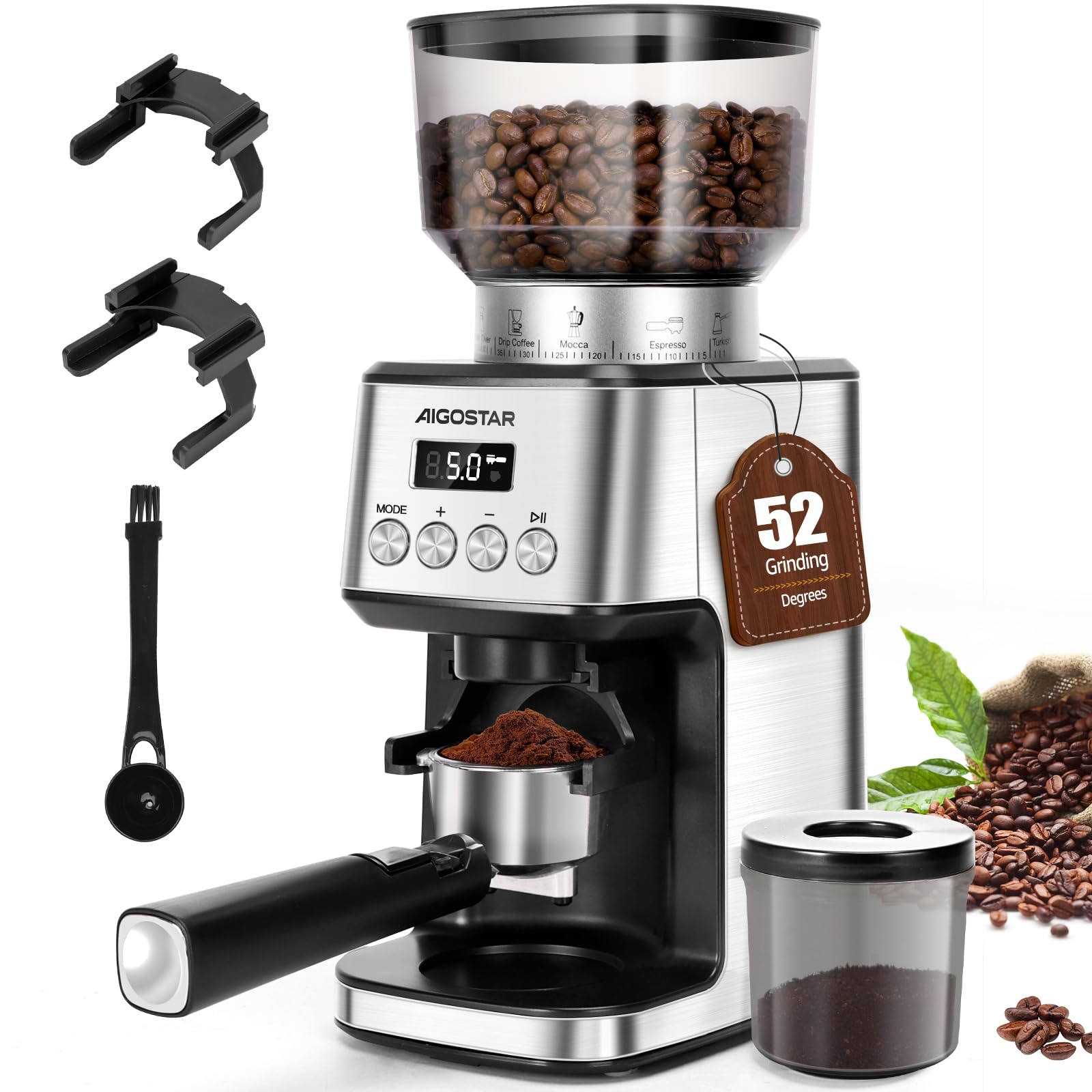 Aigostar Electric Conical Burr Coffee Grinder with 52 Precise Settings