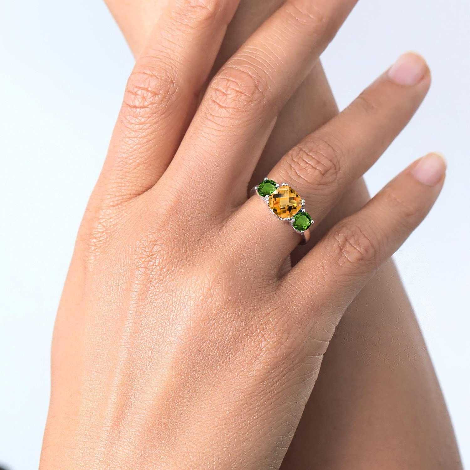 Gem Stone King 925 Sterling Silver Yellow Citrine and Green Chrome Diopside 3 Stone Engagement Ring For Women (4.15 Cttw, Gemstone November Birthstone, Cushion Checkerboard 8MM)