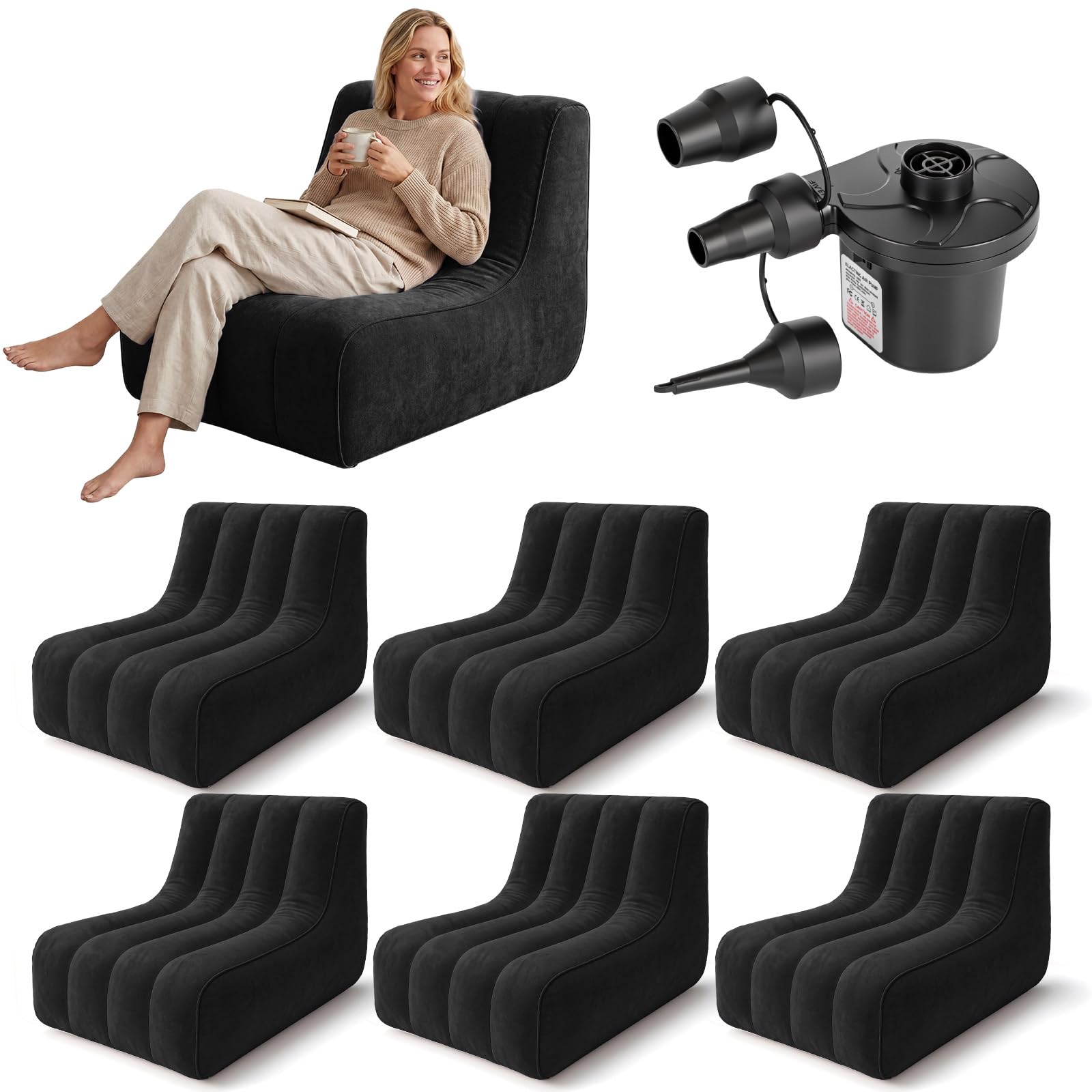 Photo 1 of **ONLY 3 PIECES** Fiwochic 6 Pcs Inflatable Chairs for Adults, Blow up Couch with Electric Air Pump, Inflatable Chair for Movie Night Flocking Portable Blow up Furniture Beanbag Sofa for Living Room Party (Black)