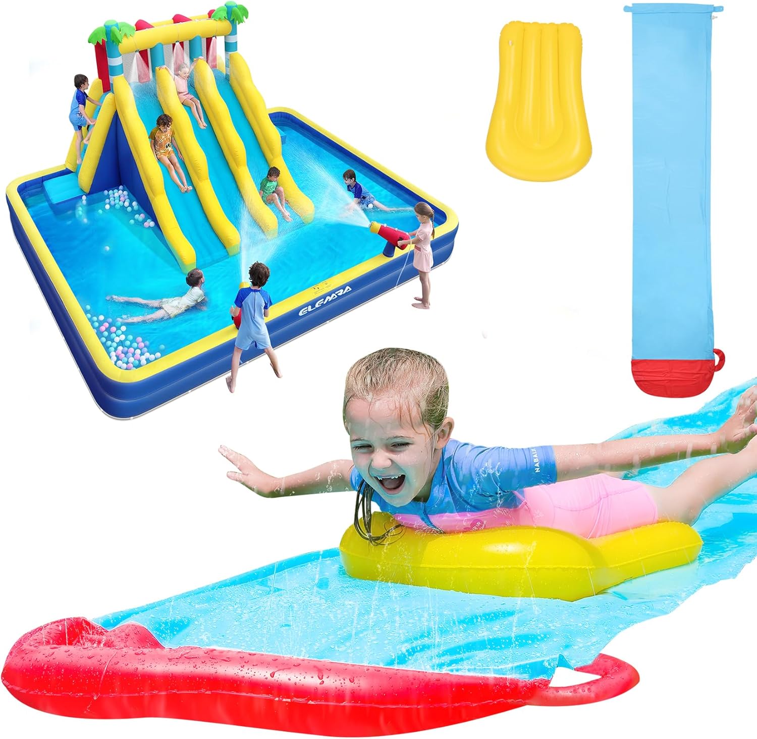 ELEMARA Extra Large Inflatable Water Slide 19.1ft with Sprinklers & Bodyboard, Backyard Water Park for Kids, Summer Outdoor Water Fun