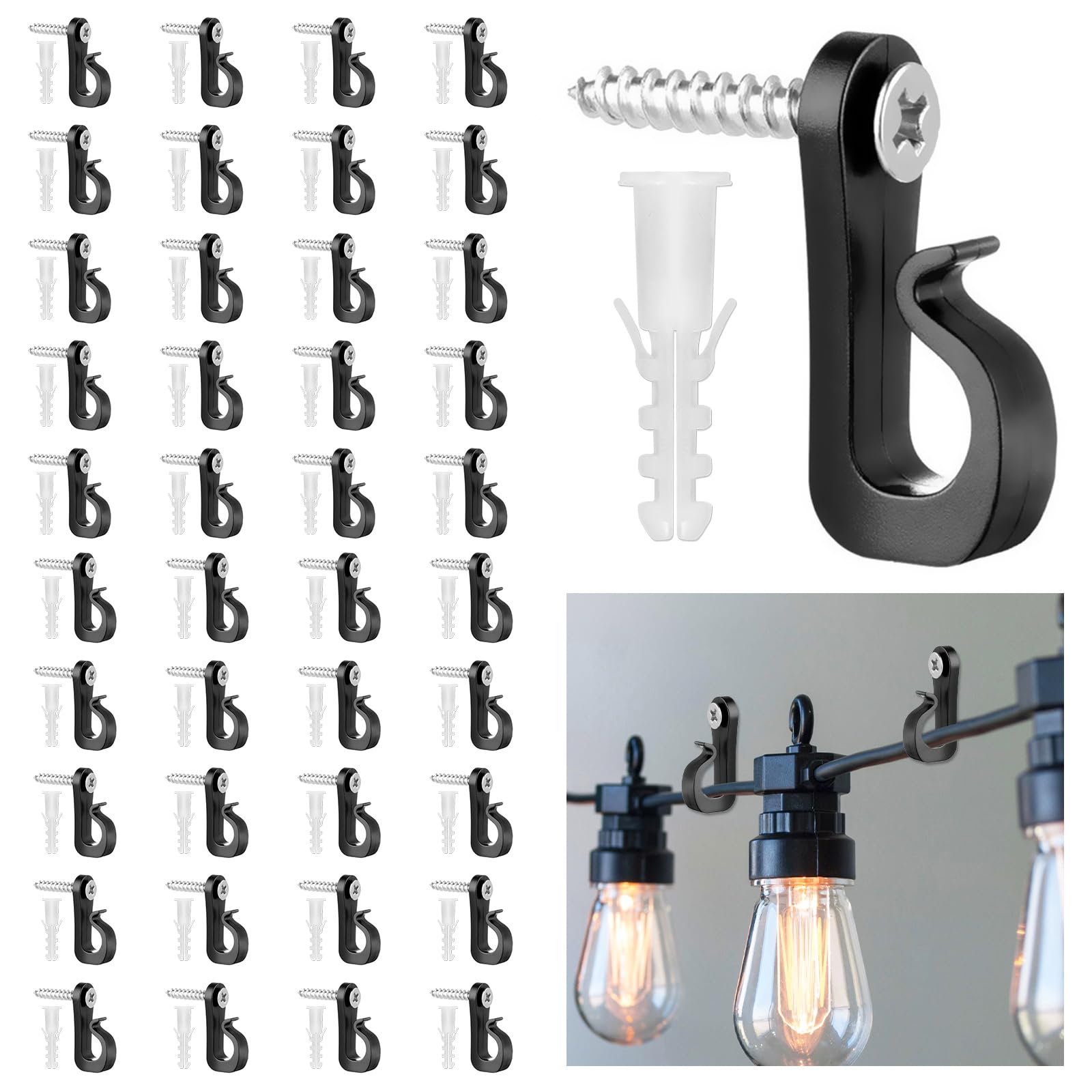 BQMEZRNUS 40Pack Q-Hanger Screw in Hooks Screw Hooks with Safety Buckle for Light Wire for Hanging String Lights Plants Indoor and Outdoor Hanger Hook Garage New Year Party for Outdoor String Lights