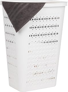 Mind Reader Slim Tapered Laundry Hamper with Lid, Clothes Basket with Swiss Cross Cut-Outs, Lightweight & Ventilated, Plastic, 16.75"L x 12.75"W x 23"H, White