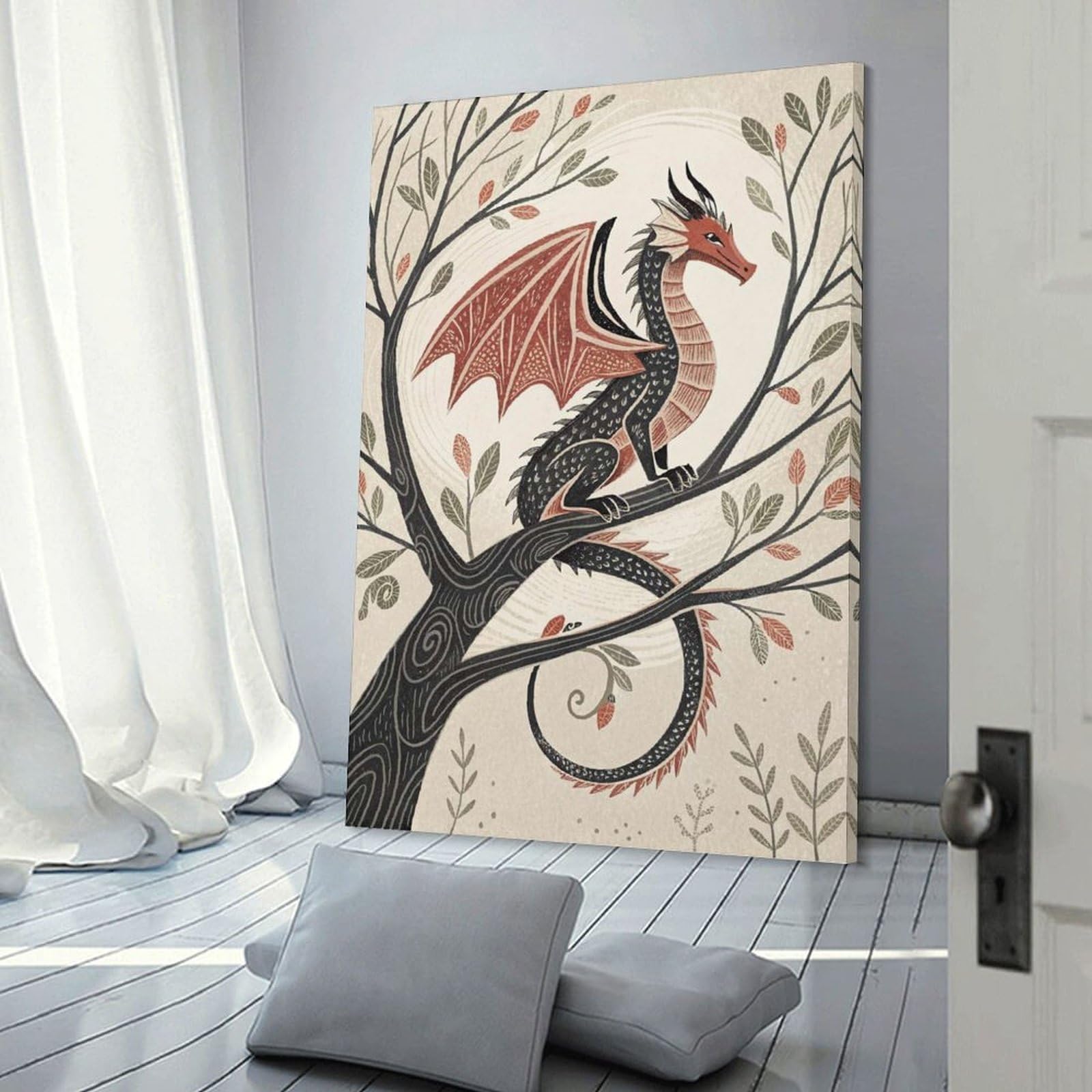 Junmoney Hanging Wall Art Dragon Perched on A Tree Branch, 24x36inch(60x90cm), for Small Homes, Bedrooms Or Open Spaces, Wall Decor with Flexible Room Appeal