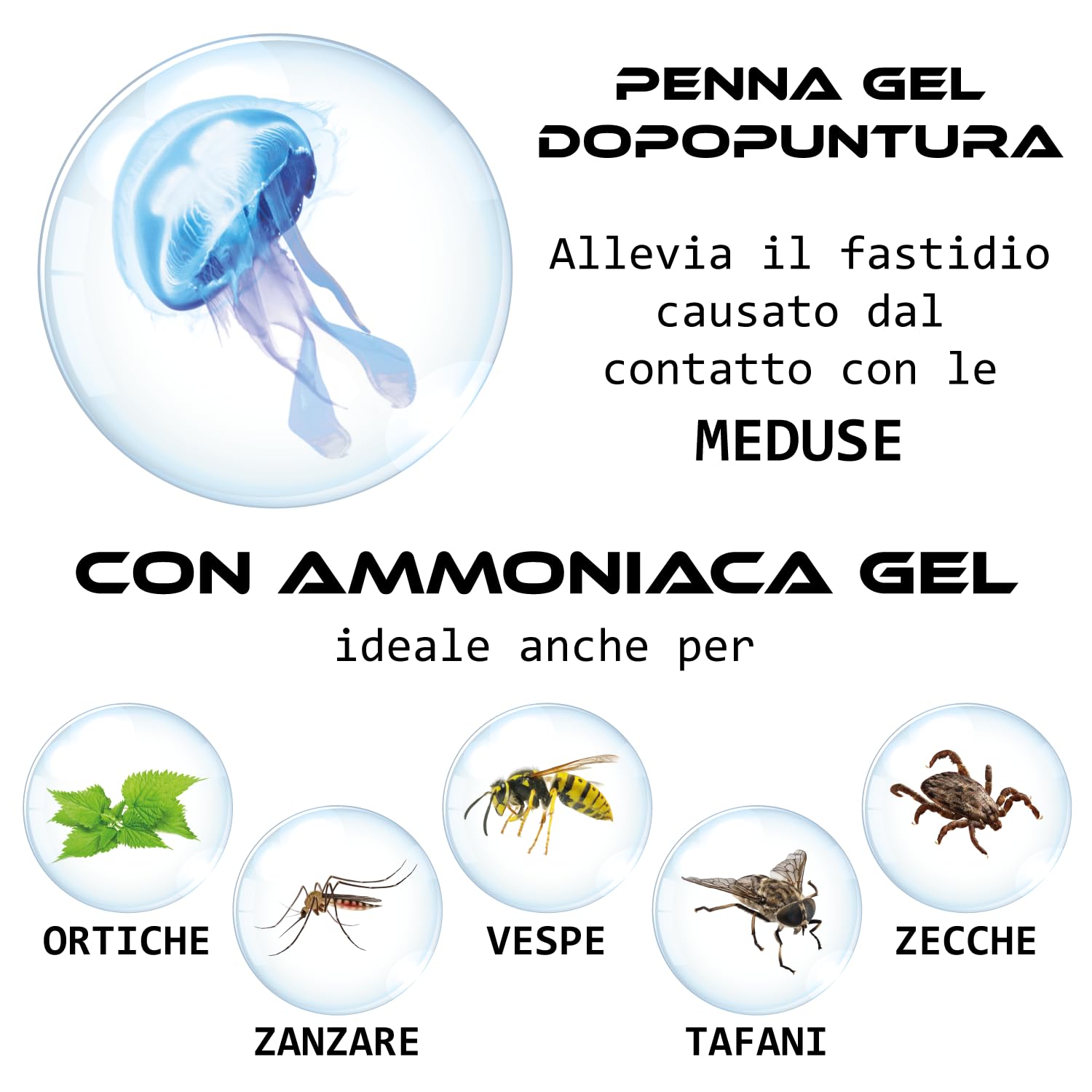Penna Dopopuntura Roll-On | Sollievo da Punture di Insetti e Meduse | Formula con Ammoniaca Lenitiva Naturale | Eucalipto e Menta | 10ml, Trasparente
