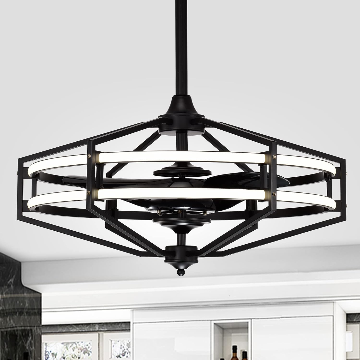 Warehouse of Tiffany Hamza Matte Black 28-Inch Reversible 3-Blade LED Fandelier Ceiling Fan with Remote, Large (CF00368)