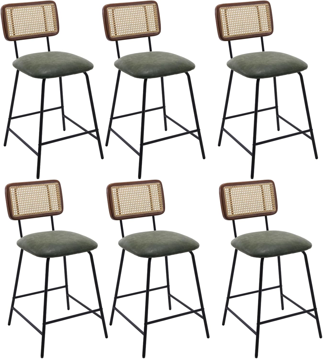 Bar Stools Set of 2, 26" Modern Rattan Counter Height Bar Stools with Metal Legs, Upholstered Faux Leather Barstools with Cane Backrest for Kitchen Island Home Bar Restaurant, Green