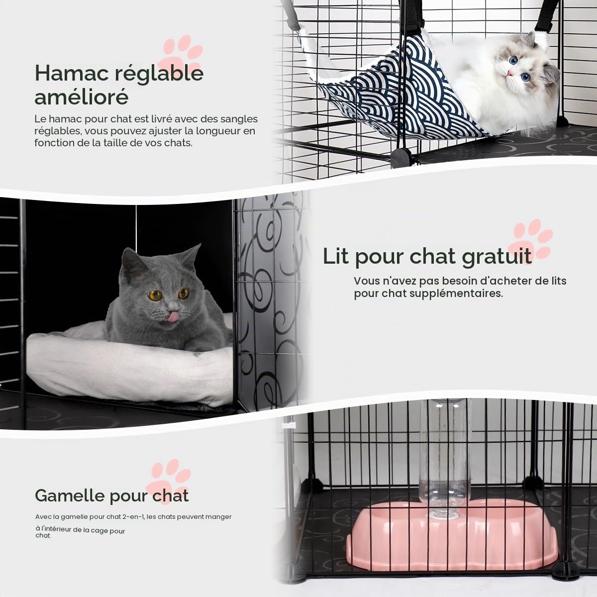 Cage pour Chats Intérieur 3 Niveaux avec Hamac, Maisonnette en Fil Métallique, Bac à Litière, Griffoirs et Escaliers pour 1-2 Chats