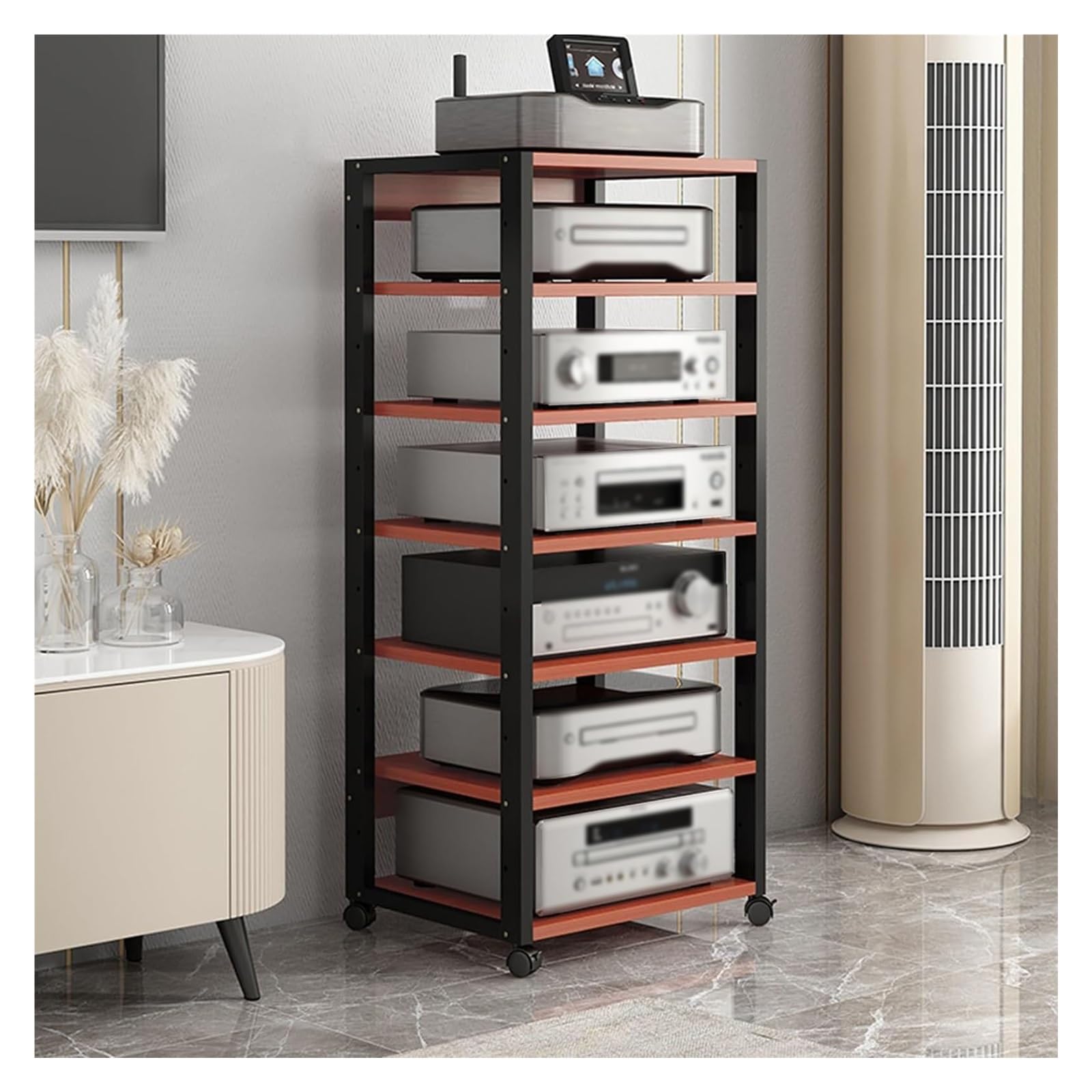 BYZOMU Commercial Stereo Cabinet Furniture, Height-Adjustable Mobile Vintage Record Player Stand for Office Bedroom, Large Capacity Media Storage Stand(Red)